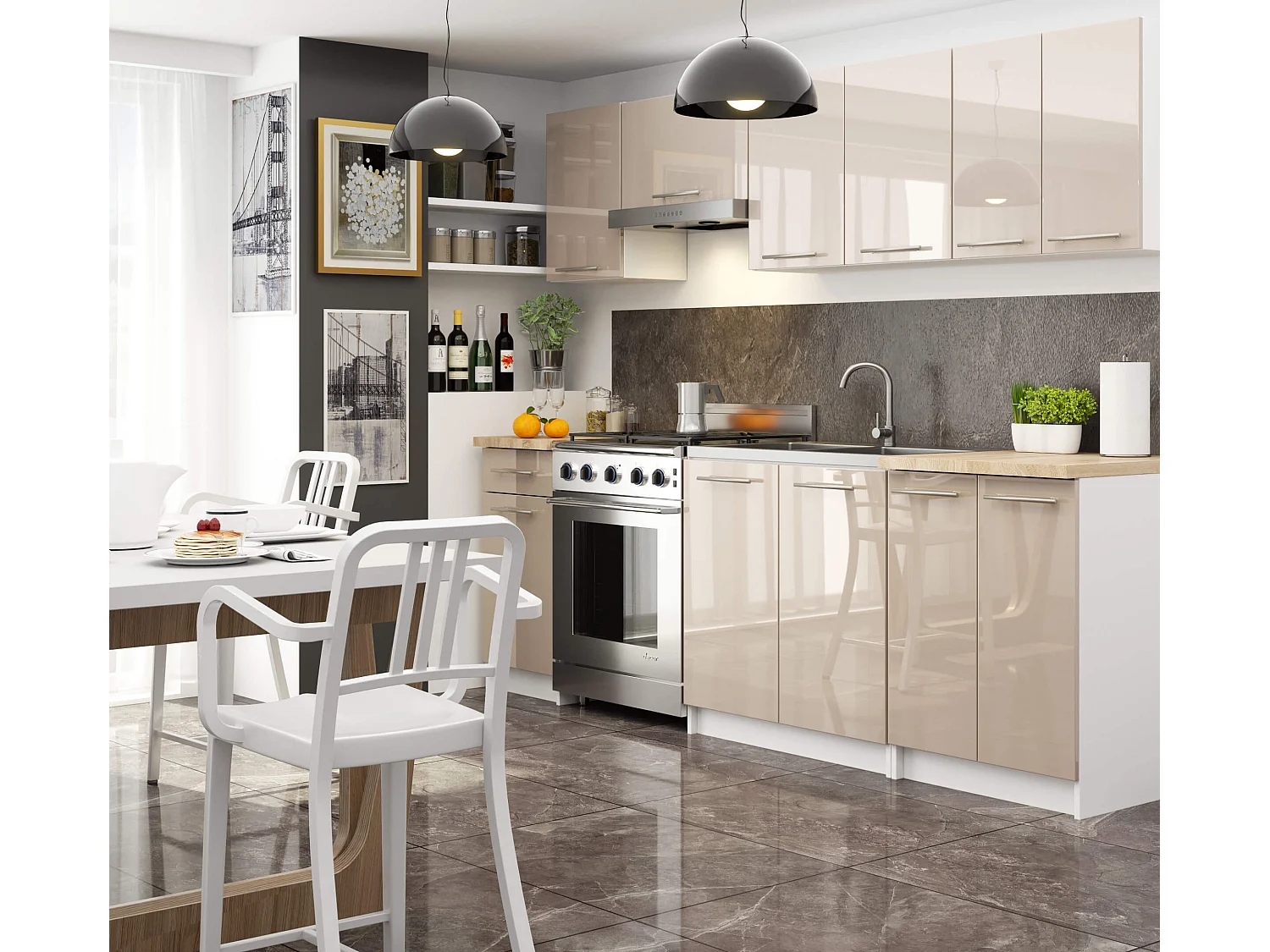 Meuble de cuisine bas AKORD S40 OLIWIA modulable Blanc 40 cm 4 tiroirs façade Cappuccino Brillant 40x46x85 cm