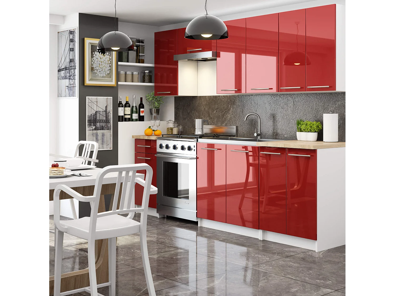 Oliwia Hangende Keukenkast 40cm Rood Hoogglans - Witte Body - Zelfmontage - Moderne Opbergkast