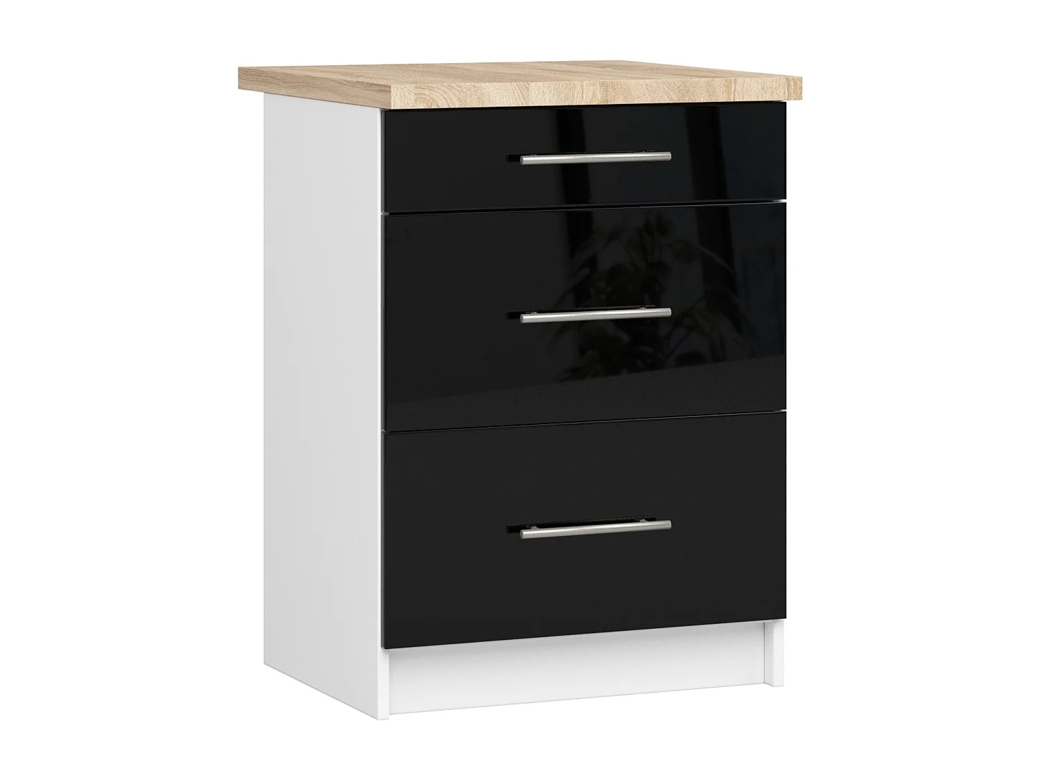 Meuble de cuisine bas AKORD S60 OLIWIA modulable Blanc 60 cm 3 tiroirs façade Noir Brillant 60x46x85 cm