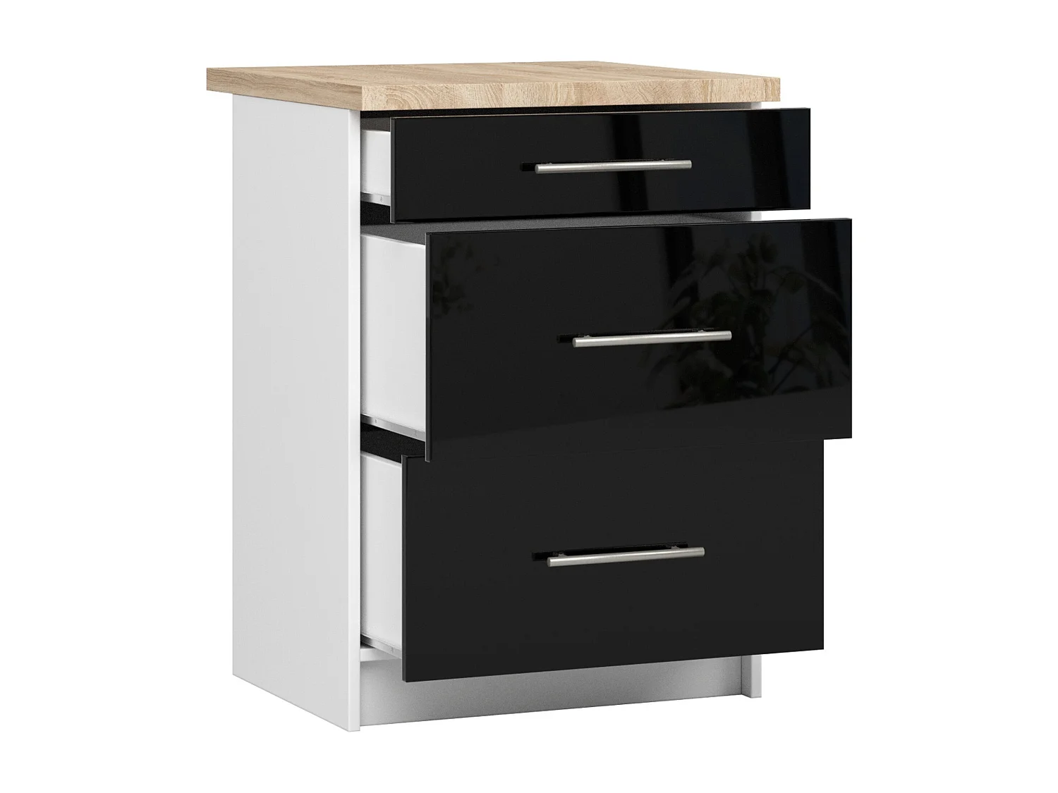 Meuble de cuisine bas AKORD S60 OLIWIA modulable Blanc 60 cm 3 tiroirs façade Noir Brillant 60x46x85 cm