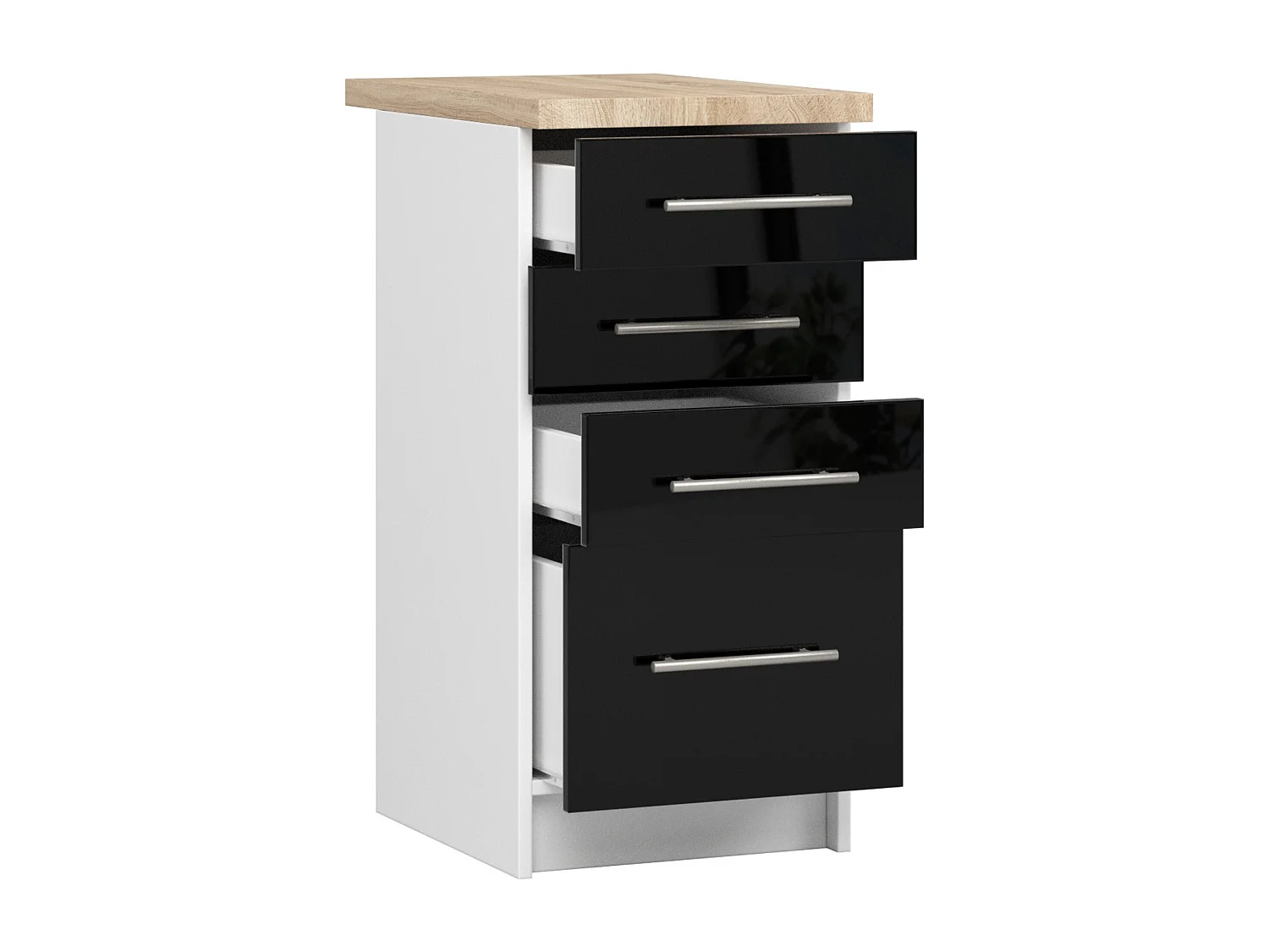 Meuble de cuisine bas AKORD S40 OLIWIA modulable Blanc 40 cm 4 tiroirs façade Noir Brillant 40x46x85 cm
