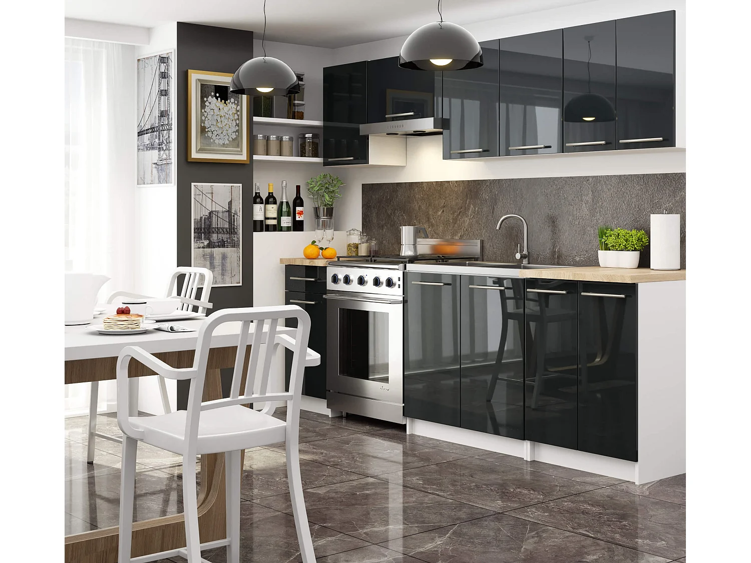 Meuble de cuisine bas AKORD S40 OLIWIA modulable Blanc 40 cm 4 tiroirs façade Noir Brillant 40x46x85 cm