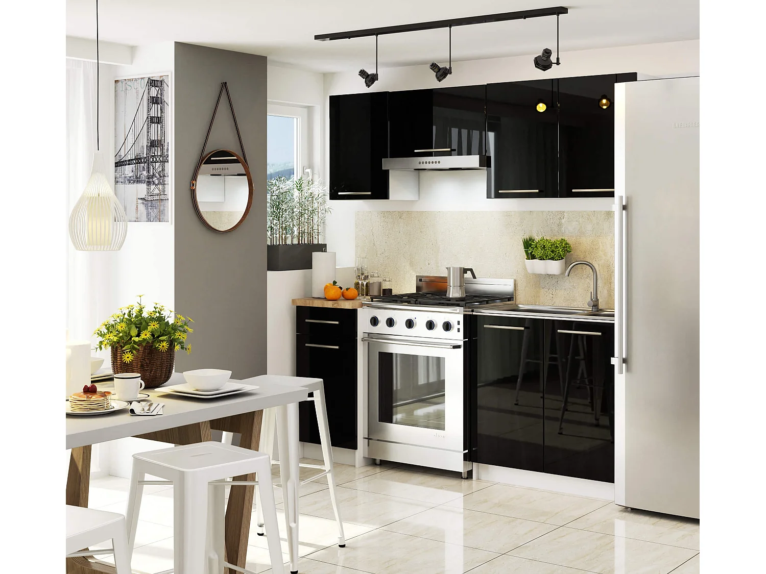 Meuble de cuisine bas AKORD S40 OLIWIA modulable Blanc 40 cm 4 tiroirs façade Noir Brillant 40x46x85 cm