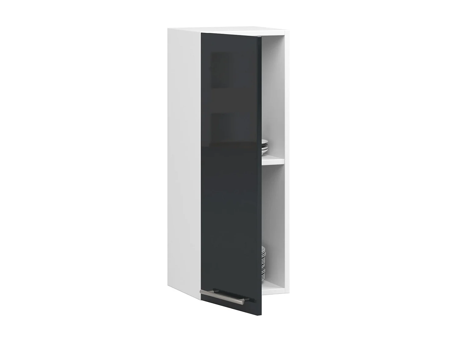 Meuble de cuisine haut AKORD W30 OLIWIA modulable Blanc 30 cm 1 porte façade Graphite Brillant 2 étagères 30x30x72 cm