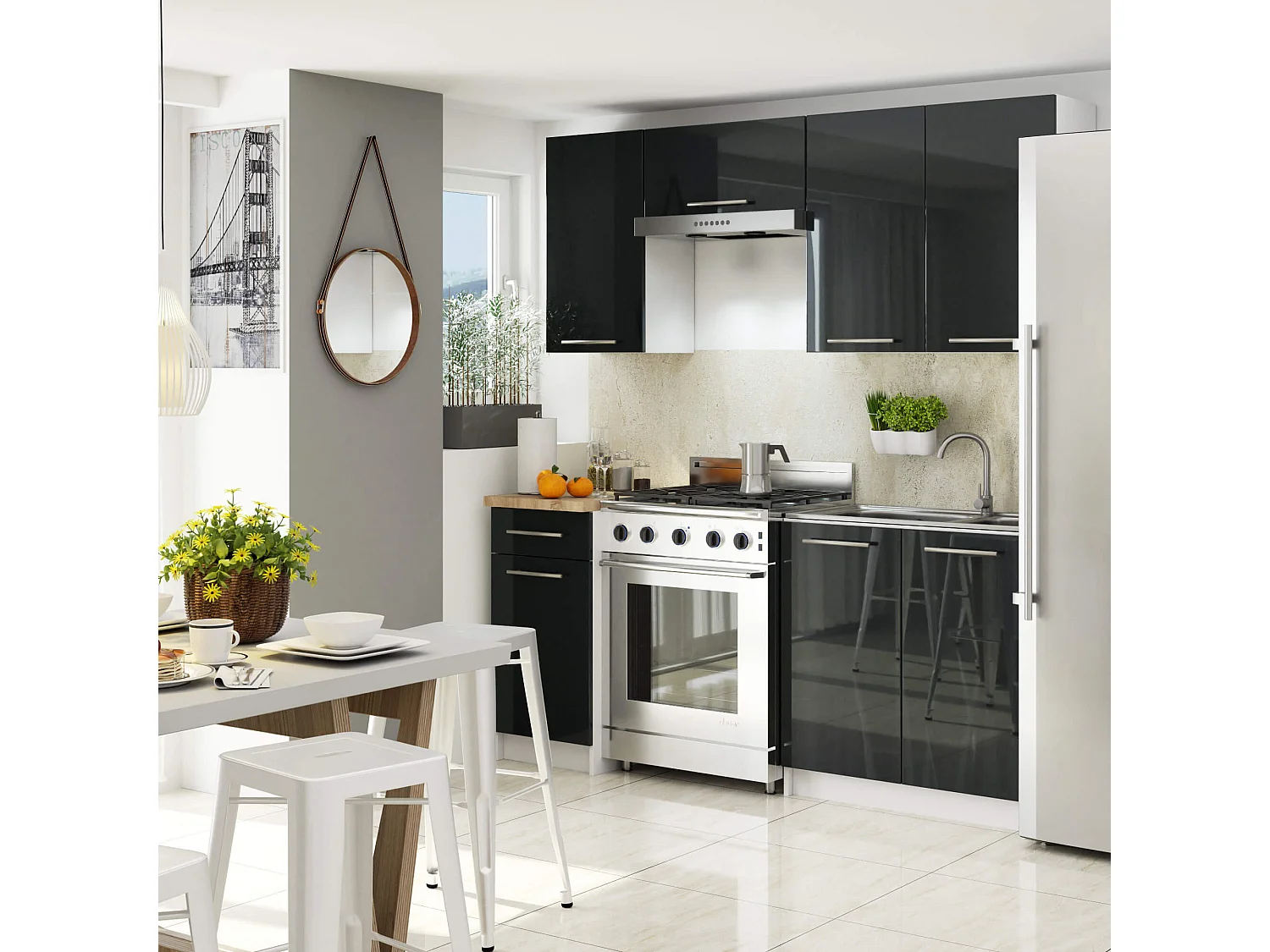 Meuble de cuisine haut AKORD W30 OLIWIA modulable Blanc 30 cm 1 porte façade Graphite Brillant 2 étagères 30x30x72 cm