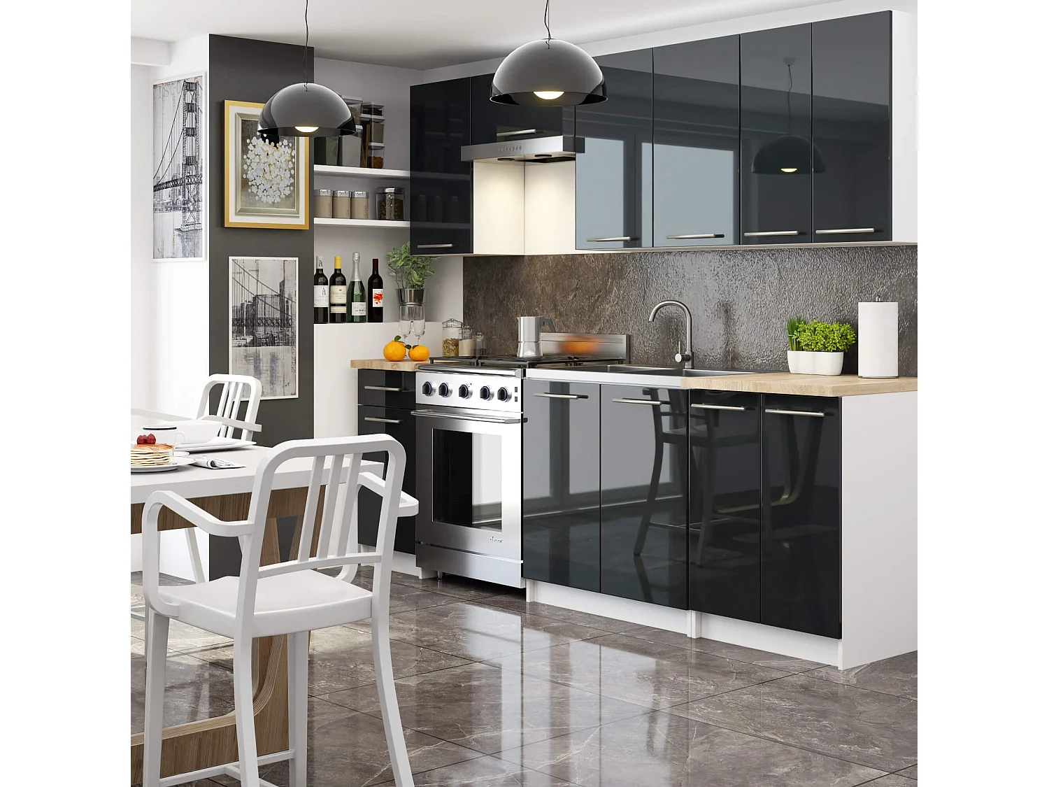 Meuble de cuisine haut AKORD W30 OLIWIA modulable Blanc 30 cm 1 porte façade Graphite Brillant 2 étagères 30x30x72 cm
