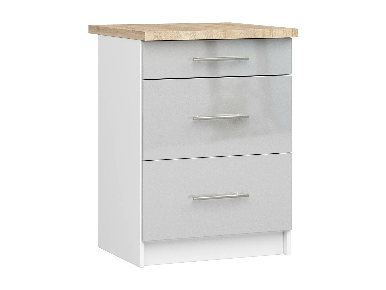 OLIWIA Staan Keukenkast 60cm Breed 3 Lades Hoogglans Wit Metalen Front Zelfmontage