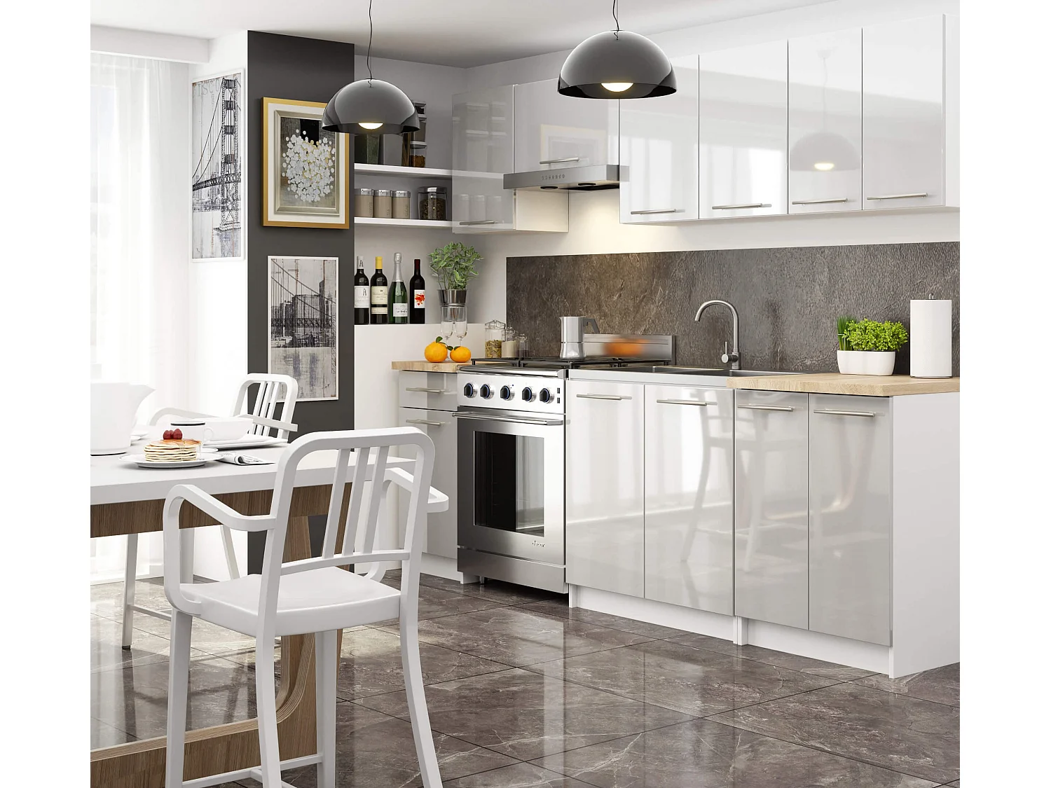 OLIWIA Staan Keukenkast 60cm Breed 3 Lades Hoogglans Wit Metalen Front Zelfmontage