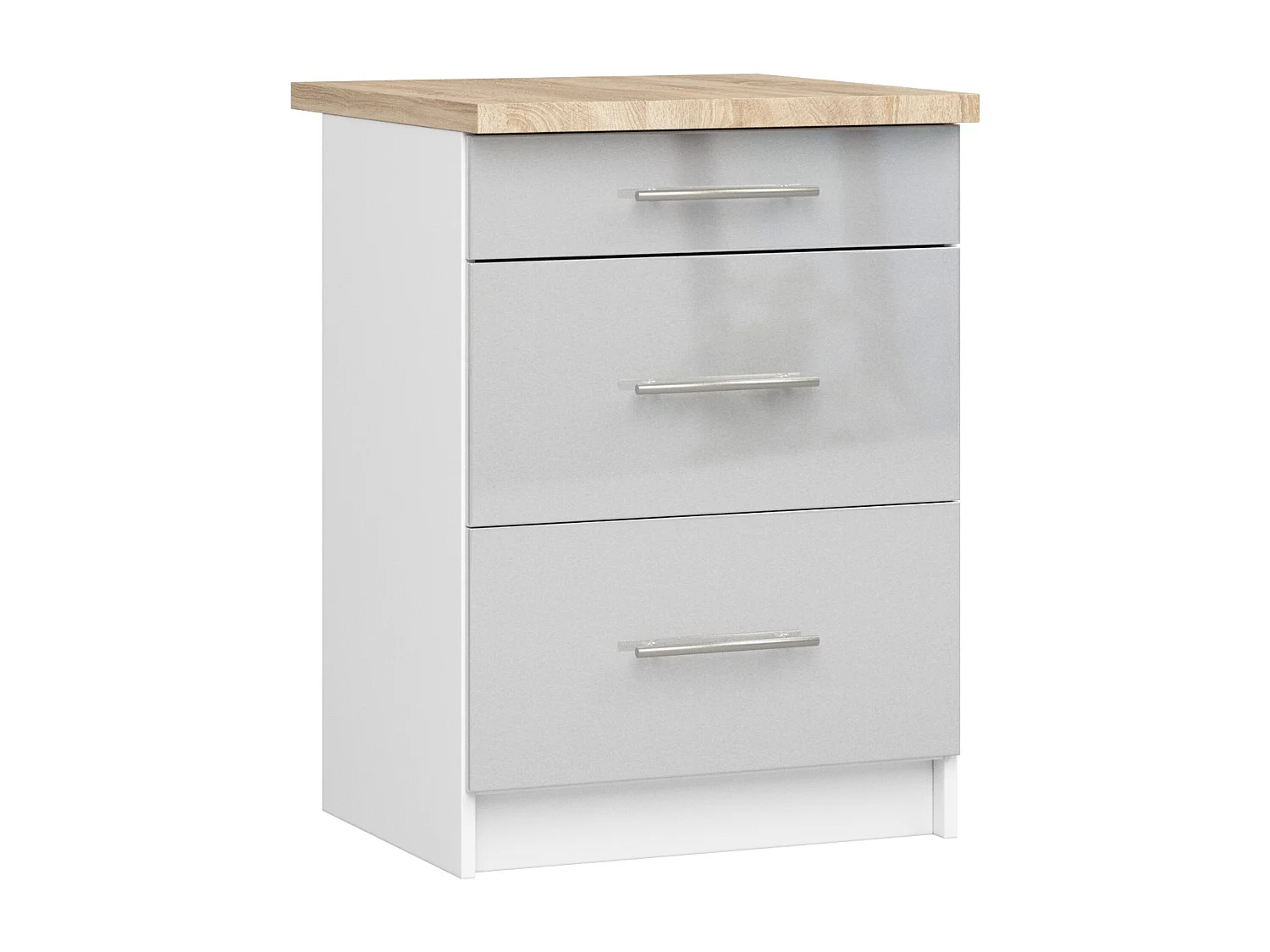 OLIWIA Staan Keukenkast 60cm Breed 3 Lades Hoogglans Wit Metalen Front Zelfmontage