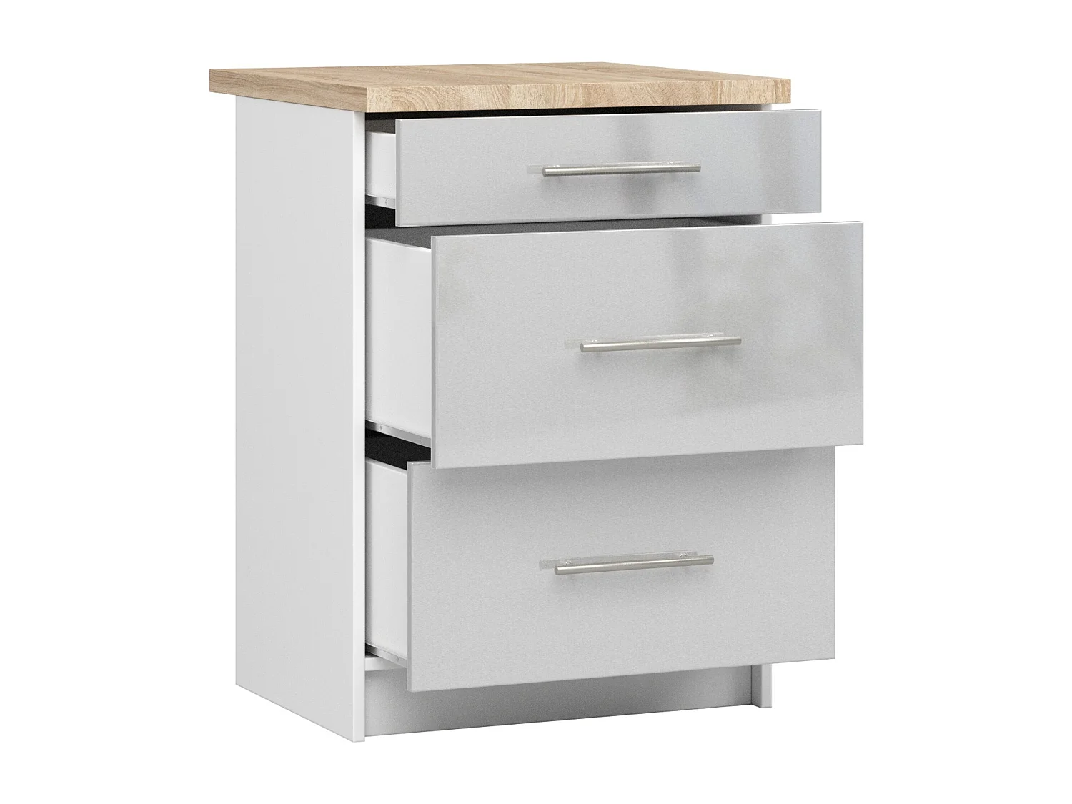 OLIWIA Staan Keukenkast 60cm Breed 3 Lades Hoogglans Wit Metalen Front Zelfmontage