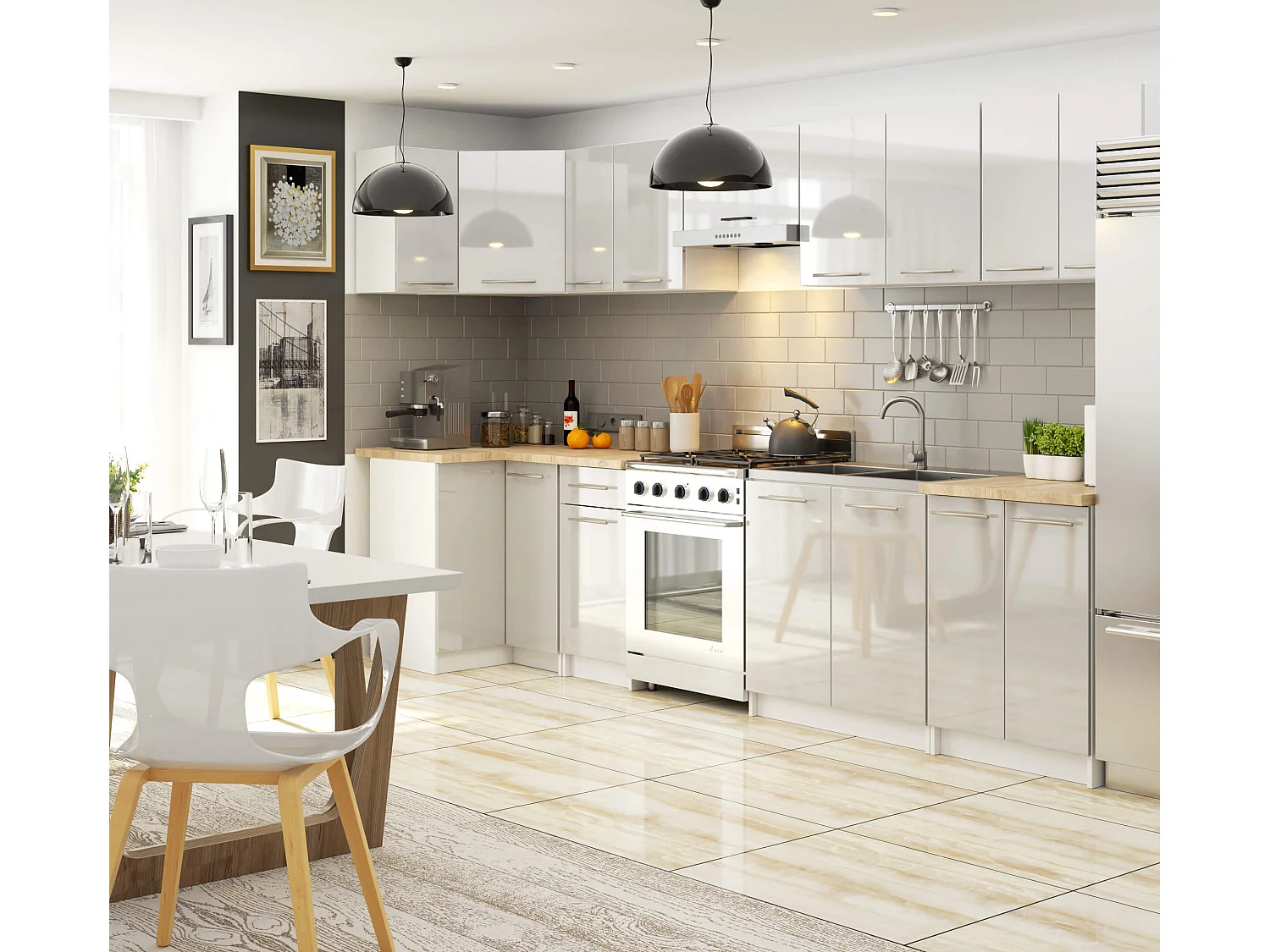 OLIWIA Staan Keukenkast 60cm Breed 3 Lades Hoogglans Wit Metalen Front Zelfmontage