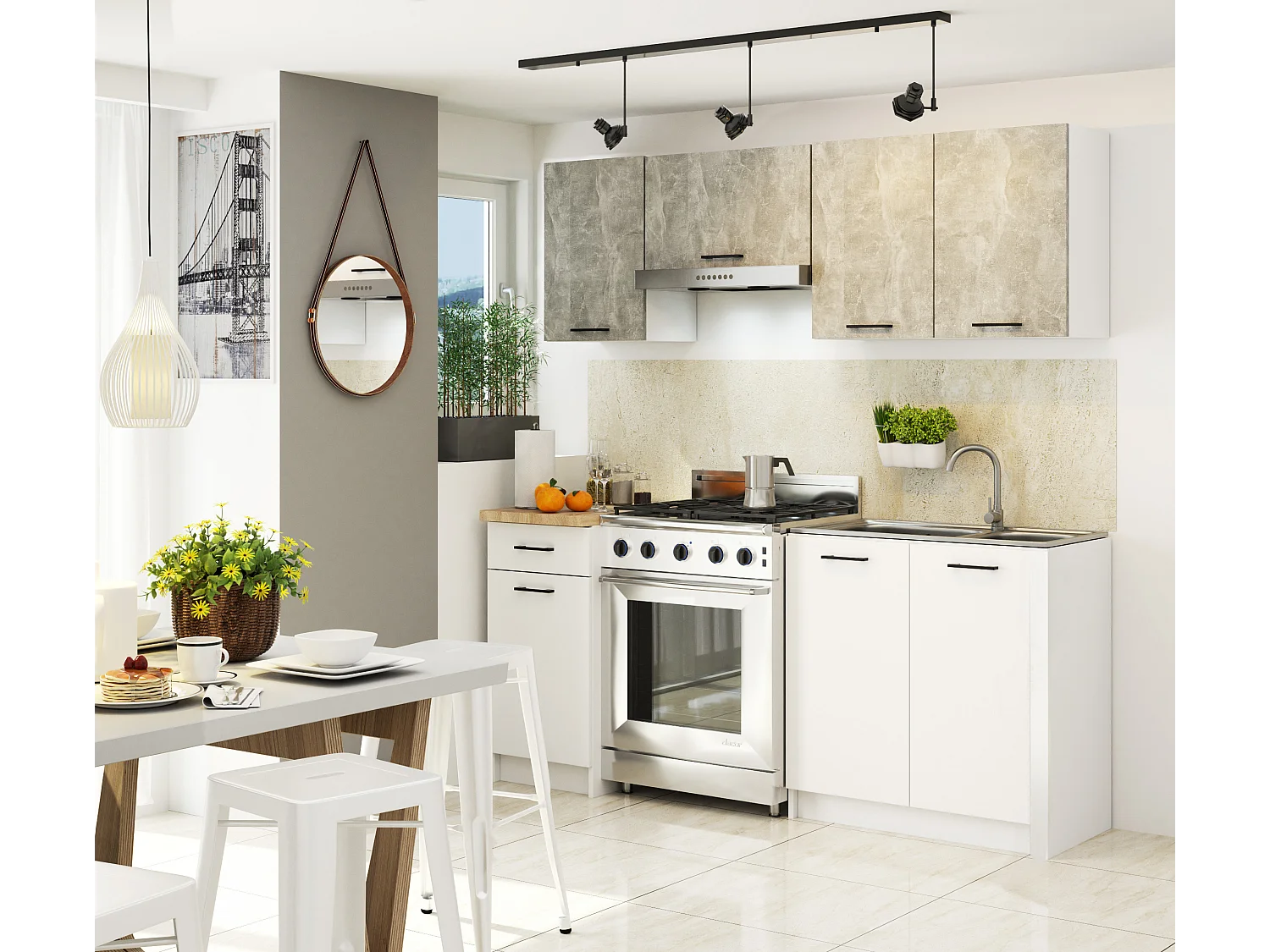 Mobile da cucina pensile sotto cappa sistema AKORD OLIWIA Bianco 60 cm 1 anta inserto frontale Cemento 60x30x29 cm