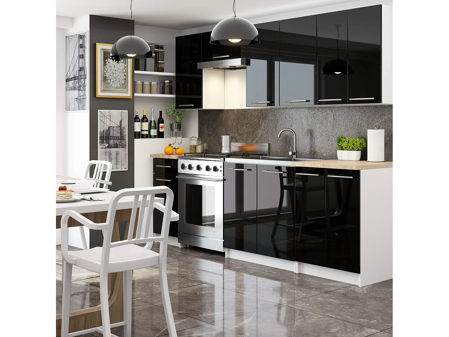 Meuble de cuisine haut AKORD W40 OLIWIA modulable Blanc 40 cm 1 porte façade Noir Brillant 2 étagères 40x30x72 cm