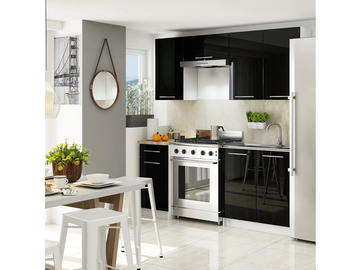 Meuble de cuisine haut AKORD W40 OLIWIA modulable Blanc 40 cm 1 porte façade Noir Brillant 2 étagères 40x30x72 cm