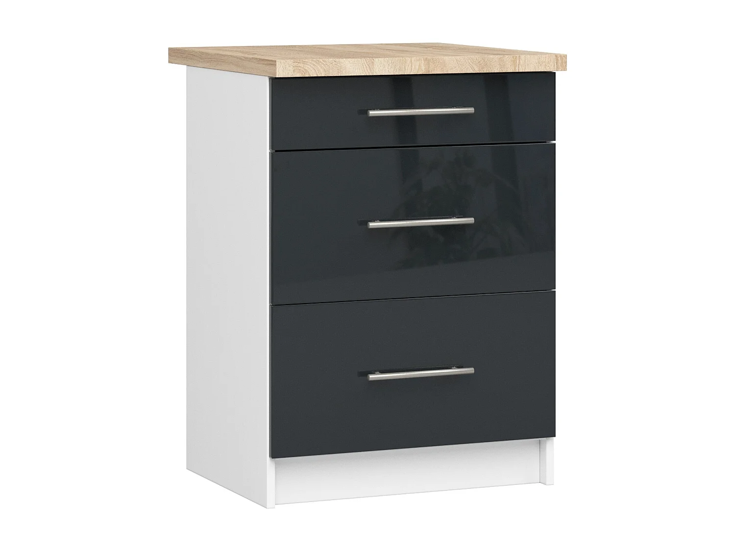 Meuble de cuisine bas AKORD S60 OLIWIA modulable Blanc 60 cm 3 tiroirs façade Graphite Brillant 60x46x85 cm