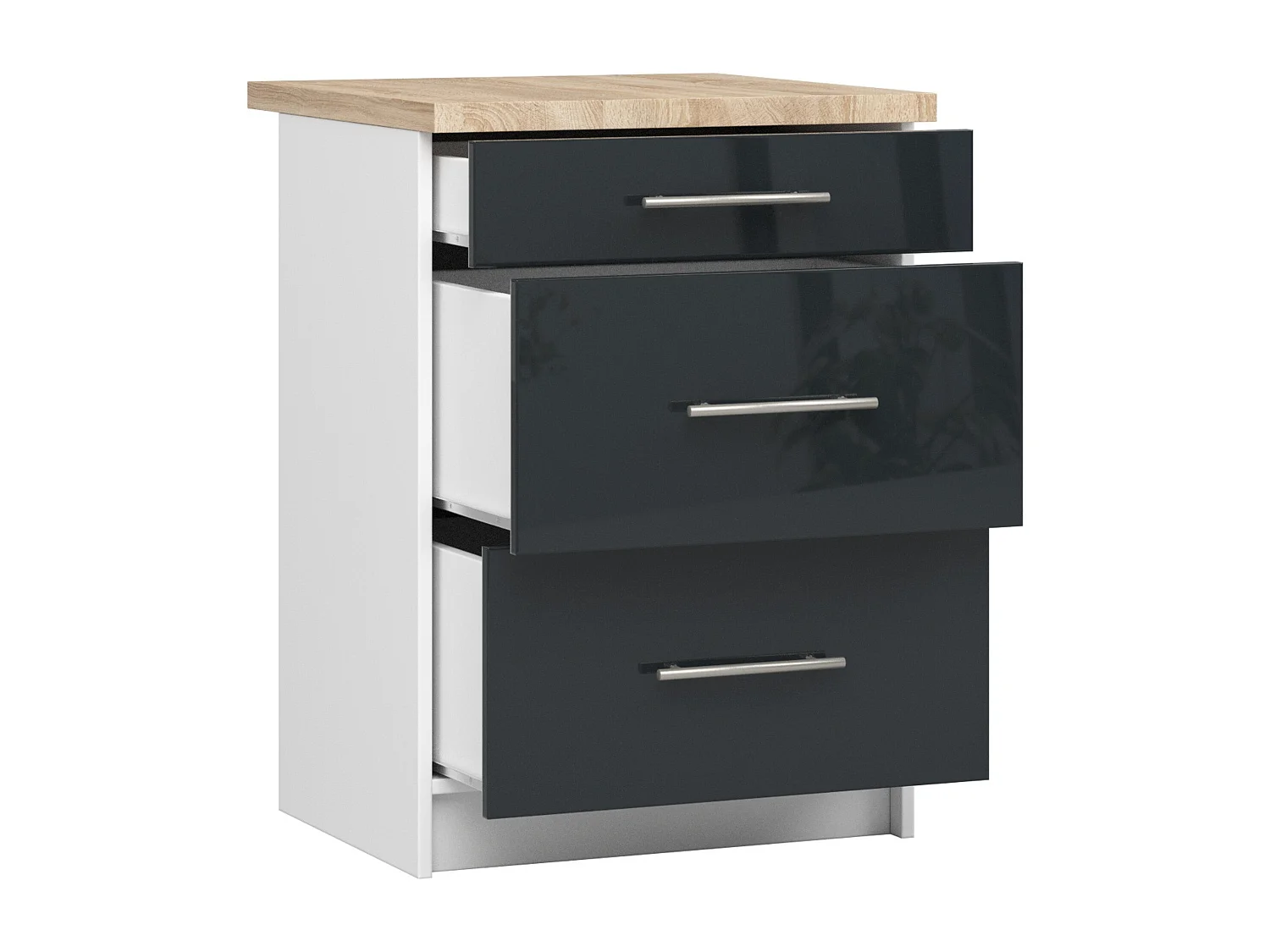 Meuble de cuisine bas AKORD S60 OLIWIA modulable Blanc 60 cm 3 tiroirs façade Graphite Brillant 60x46x85 cm