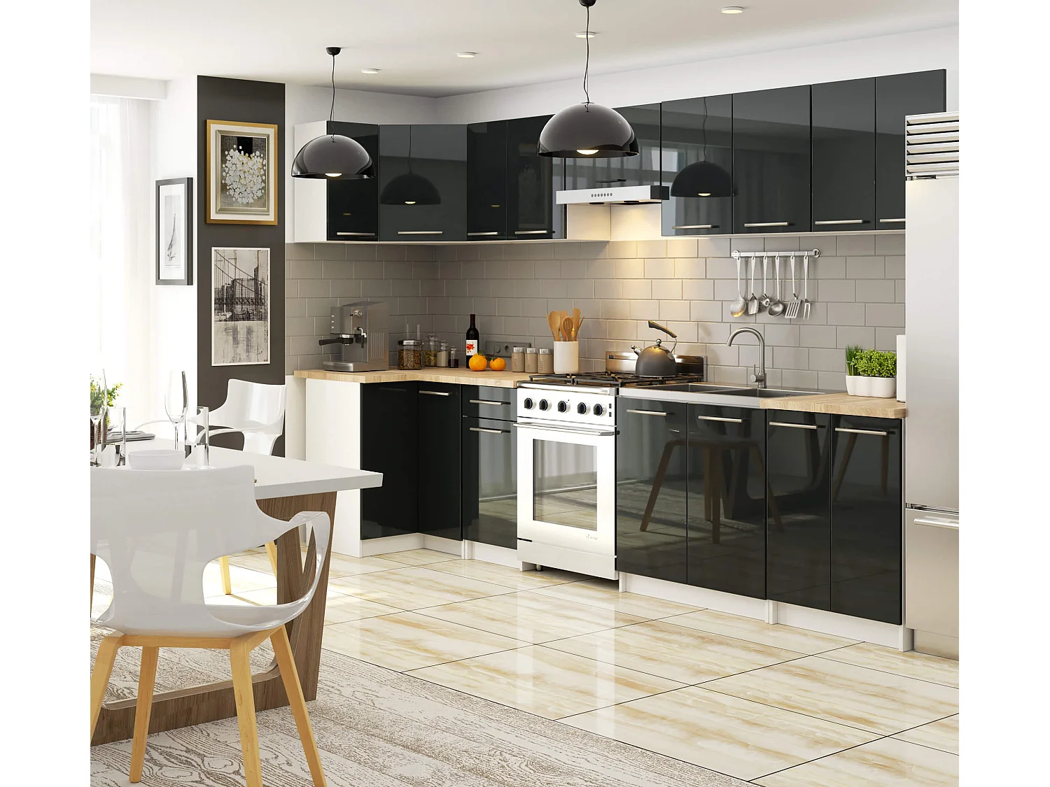 Meuble de cuisine bas AKORD S60 OLIWIA modulable Blanc 60 cm 3 tiroirs façade Graphite Brillant 60x46x85 cm