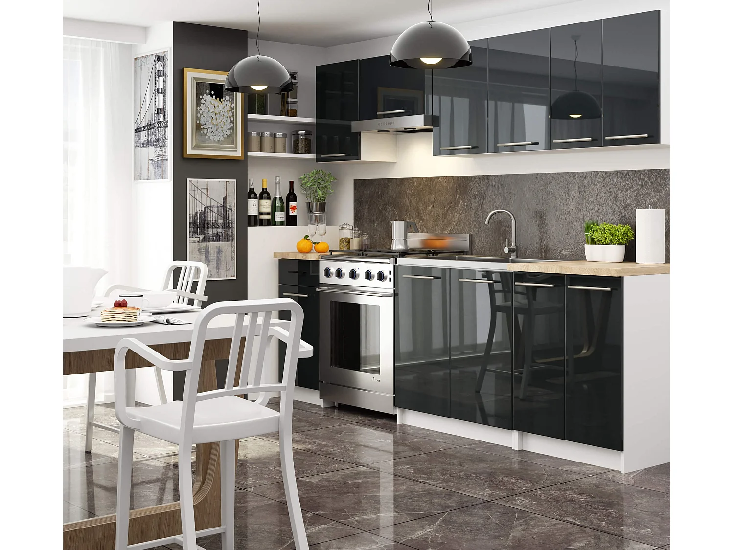Meuble de cuisine bas AKORD S60 OLIWIA modulable Blanc 60 cm 3 tiroirs façade Graphite Brillant 60x46x85 cm