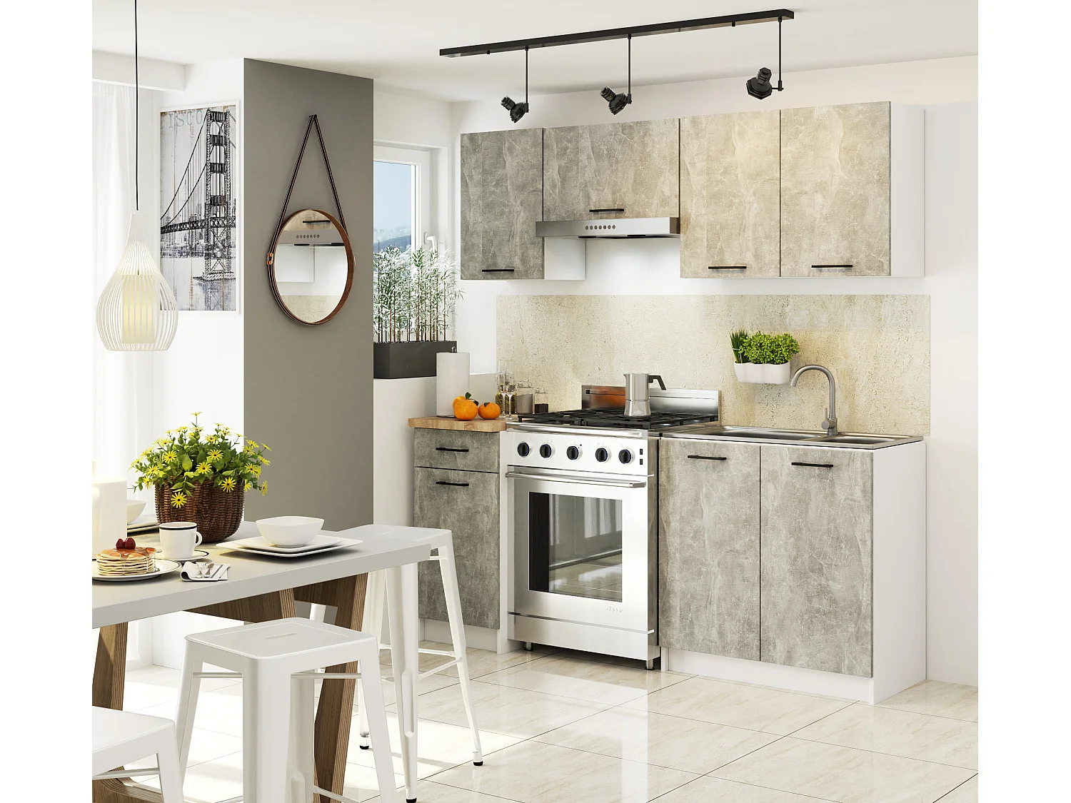 Armoires de cuisine haute AKORD W60 OLIWIA Blanc 60 cm 2 portes façade Béton 2 étagères 60x30x58 cm