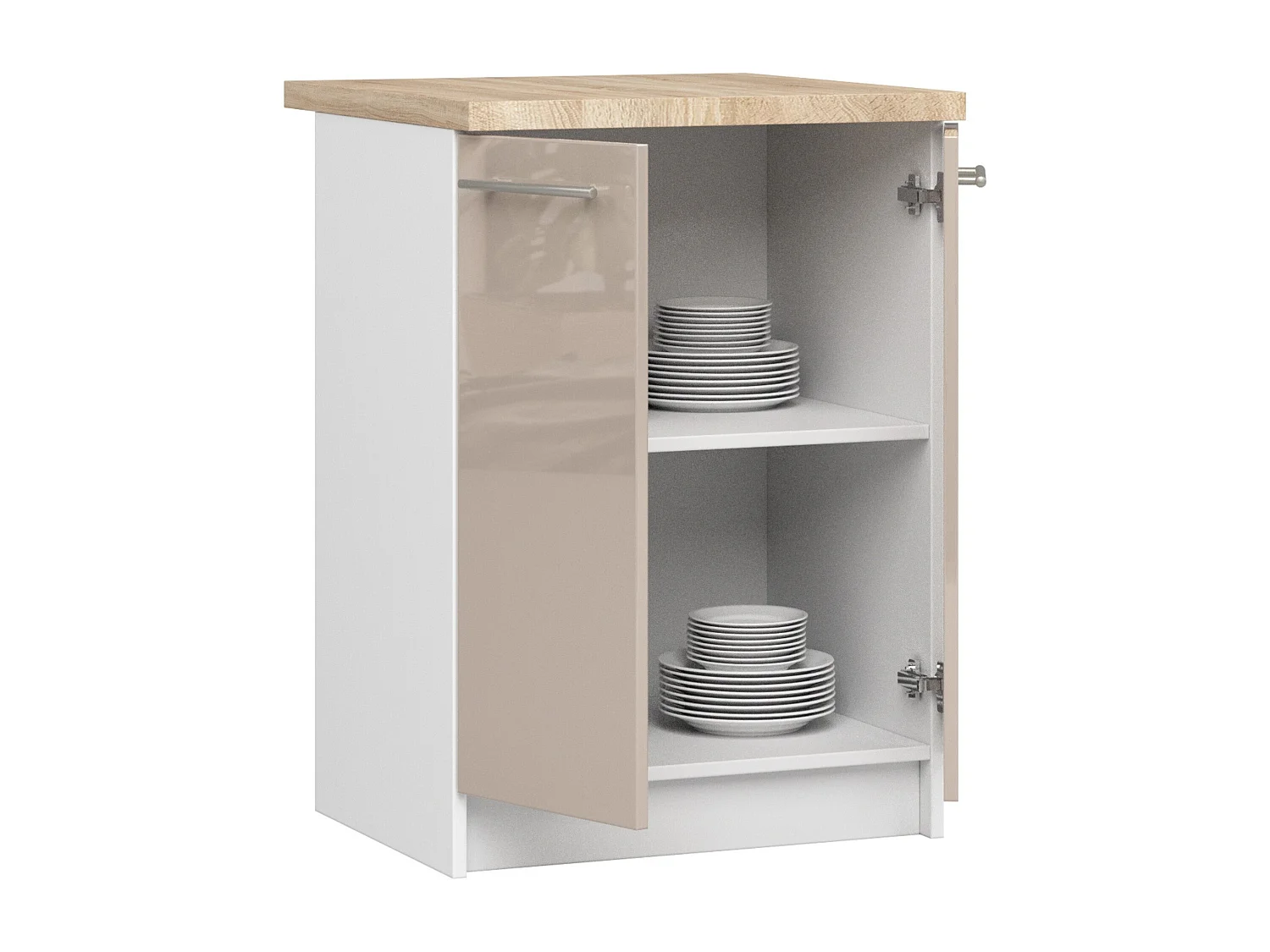Meuble de cuisine bas AKORD S60 OLIWIA modulable Blanc 60 cm 2 portes façade Cappuccino Brillant 2 étagères 60x46x85 cm