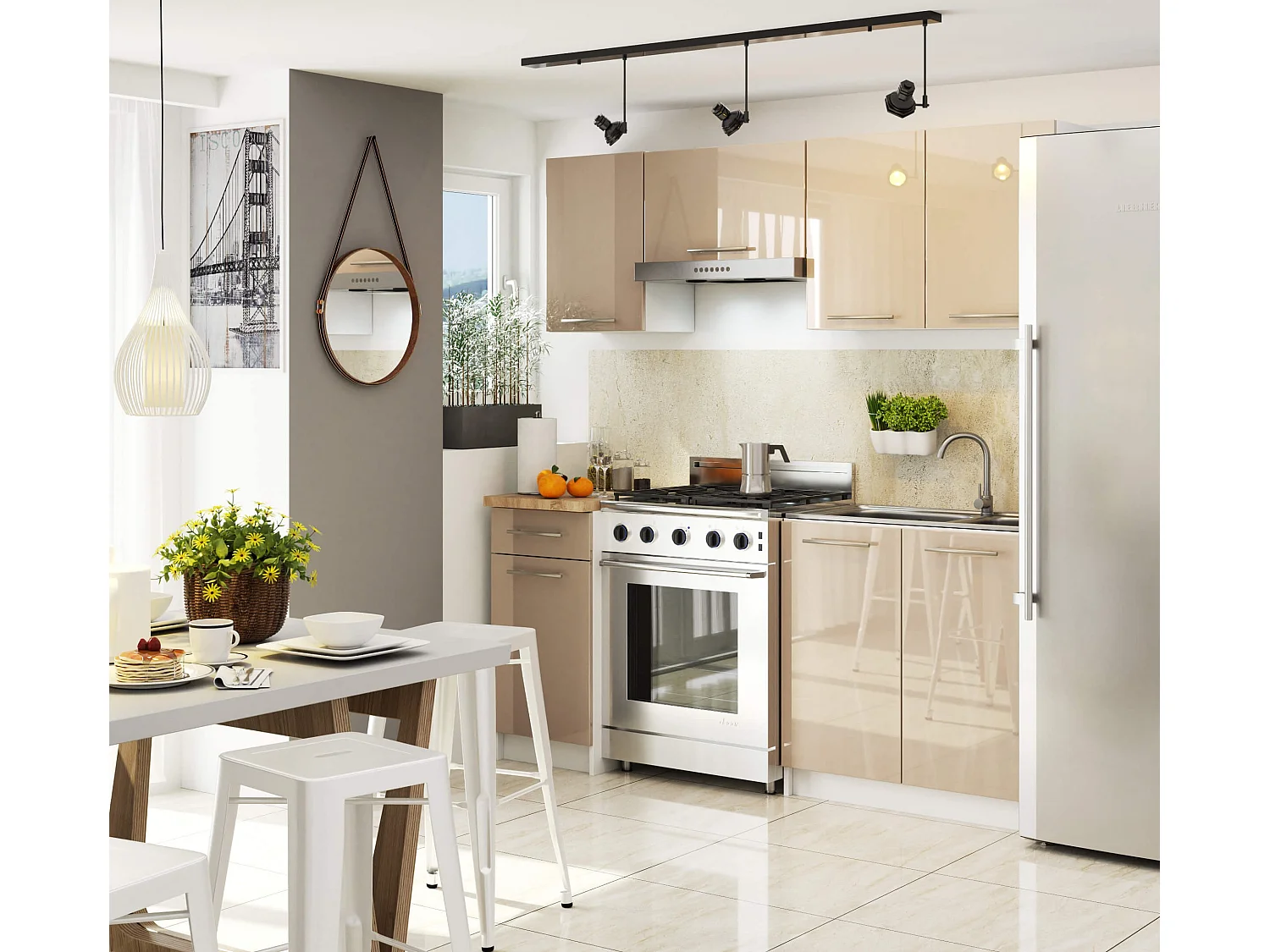 Meuble de cuisine bas AKORD S60 OLIWIA modulable Blanc 60 cm 2 portes façade Cappuccino Brillant 2 étagères 60x46x85 cm