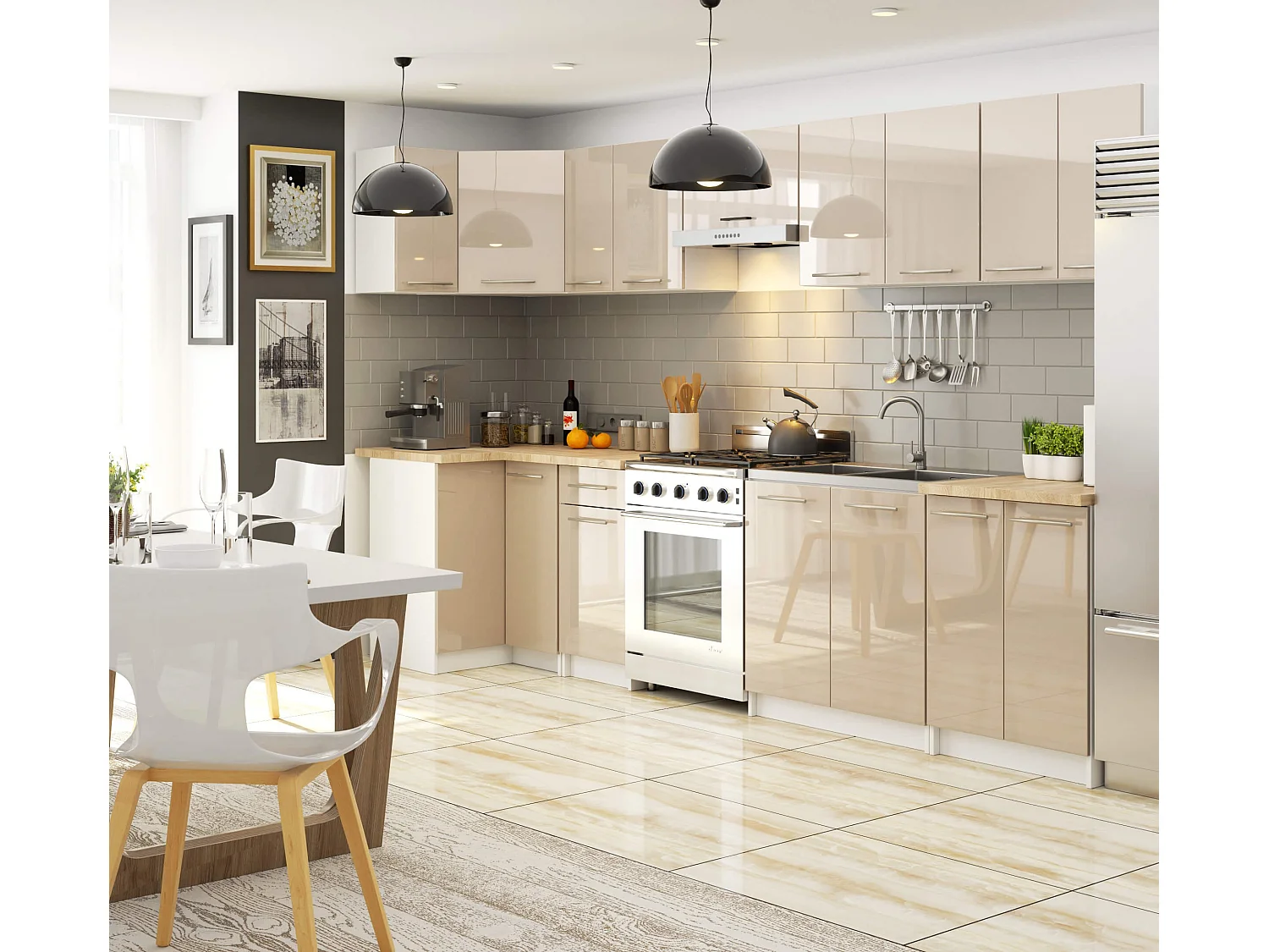 Meuble de cuisine bas AKORD S60 OLIWIA modulable Blanc 60 cm 2 portes façade Cappuccino Brillant 2 étagères 60x46x85 cm