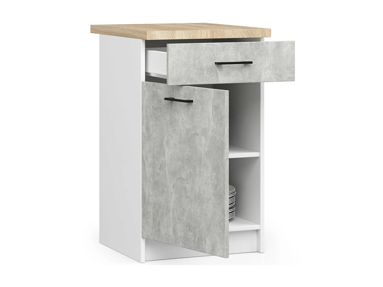 Armoires de cuisine basse AKORD S50 OLIWIA Blanc 50 cm 1 porte 1 tiroir façade Béton 2 étagères 50x46x85 cm