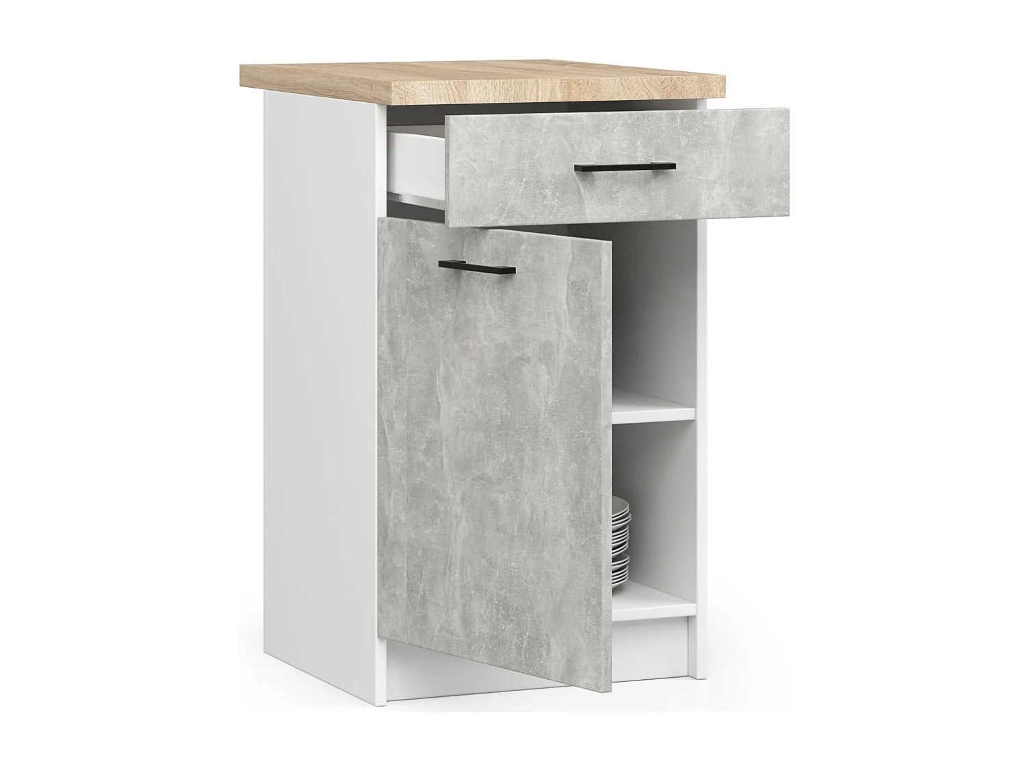 Armoires de cuisine basse AKORD S50 OLIWIA Blanc 50 cm 1 porte 1 tiroir façade Béton 2 étagères 50x46x85 cm