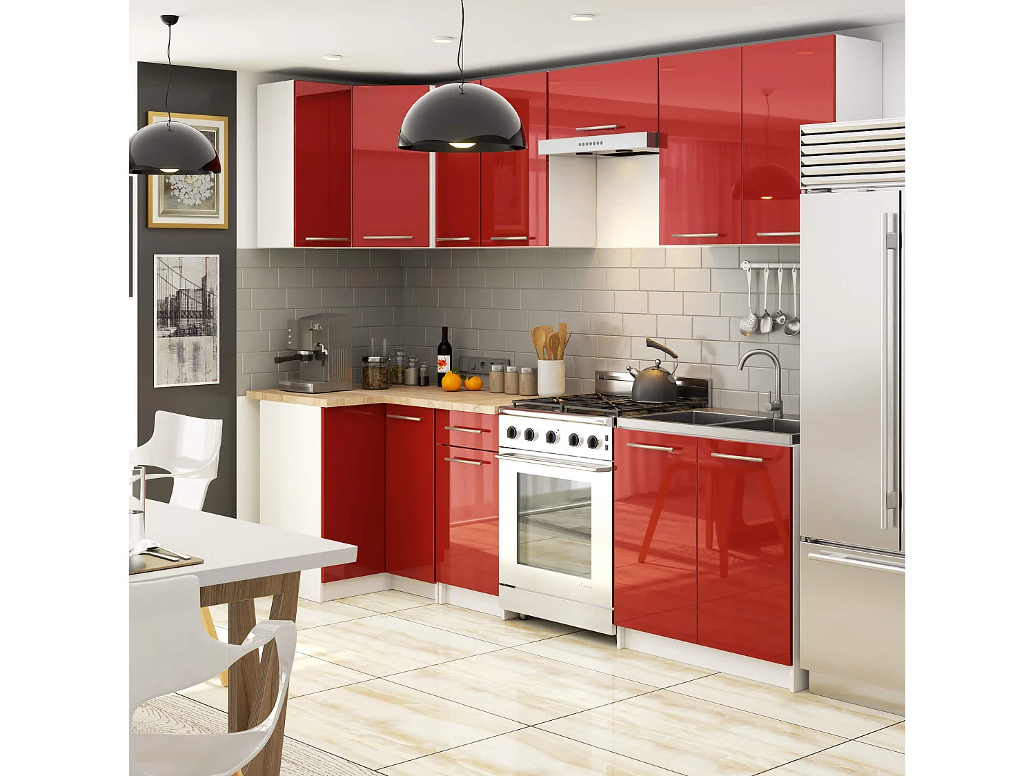 Meuble de cuisine haut AKORD W60 OLIWIA modulable Blanc 60 cm 2 portes façade Rouge Brillante 2 étagères 60x30x72 cm