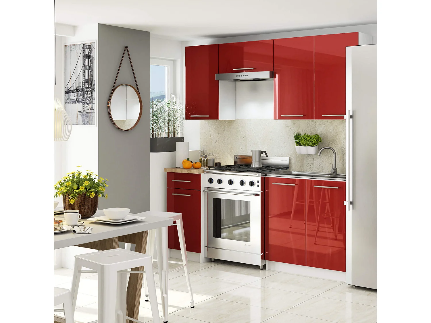 Meuble de cuisine haut AKORD W60 OLIWIA modulable Blanc 60 cm 2 portes façade Rouge Brillante 2 étagères 60x30x72 cm