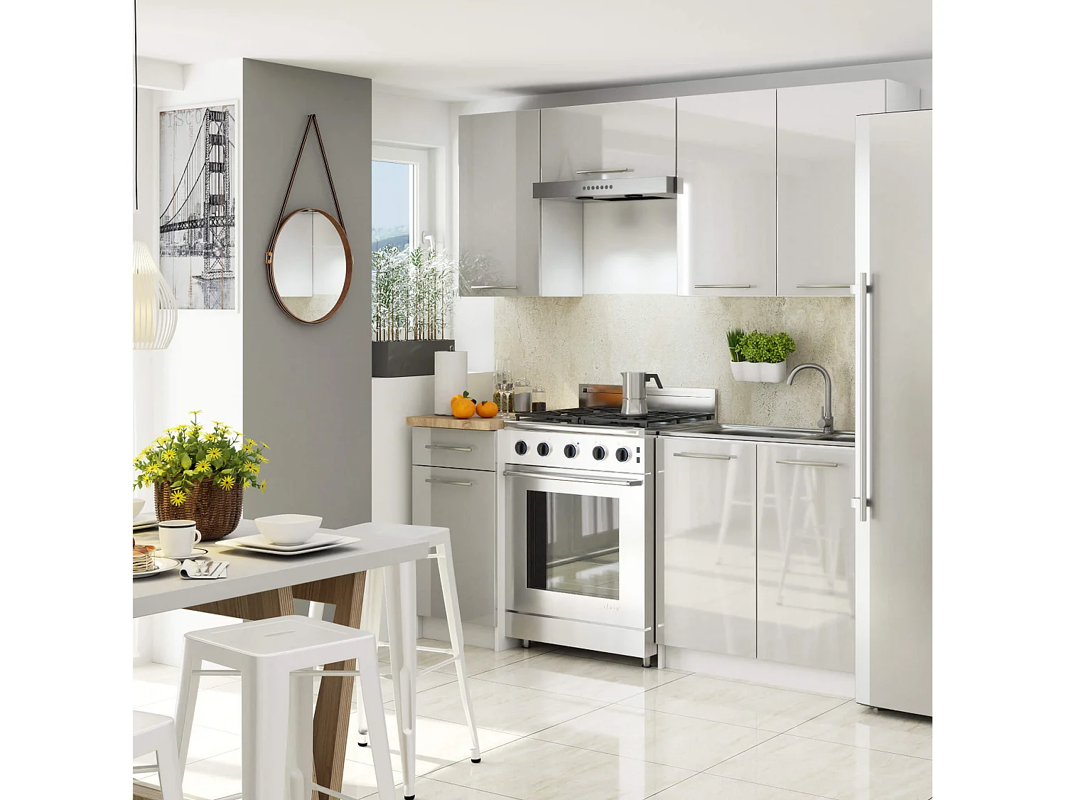 Meuble de cuisine haut AKORD W60 OLIWIA modulable Blanc 60 cm 2 portes façade Métallique Brillant 2 étagères 60x30x72 cm