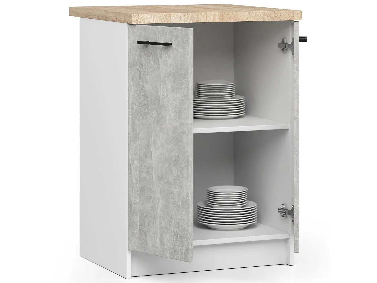 Küchenschrank AKORD OLIWIA modular S60 Unterschrank mit Arbeitsplatte Weiß 60 cm 2 Türen 2 Ebenen Front Beton B60 x H85 x T46 cm