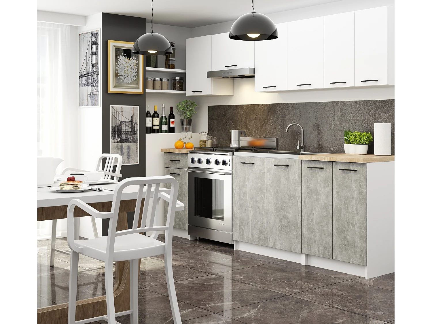 Armoires de cuisine basse AKORD S60 OLIWIA Blanc 60 cm 2 portes façade Béton 2 étagères 60x46x85 cm