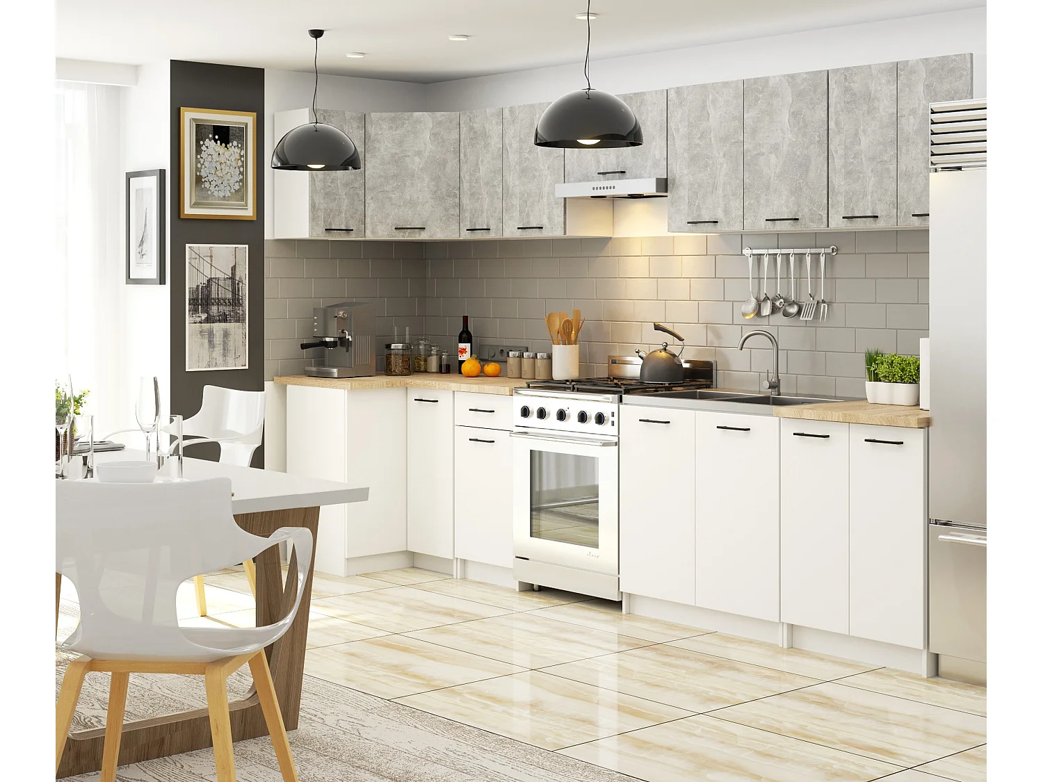 Hoek Keukenkast modulaire OLIWIA W60/60 / Hangkast / Bovenkast / AKORD Furniture Factory / Wit – Beton Grijs / 60 x 58 x 30 cm