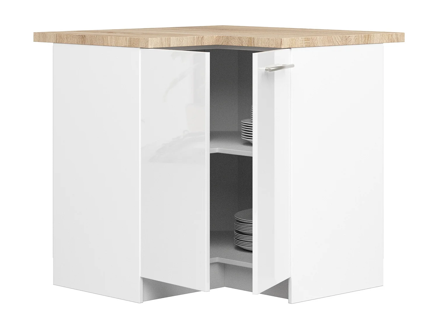 Meuble de cuisine bas AKORD S90 d'angle OLIWIA Blanc 90 cm 2 portes façade Blanche Brillante 2 étagères 90x46x85 cm