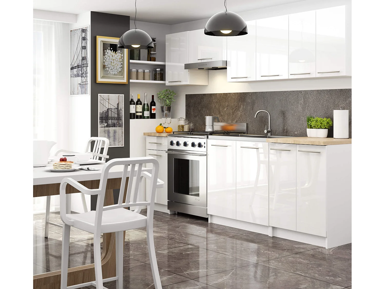 Meuble de cuisine bas AKORD S90 d'angle OLIWIA Blanc 90 cm 2 portes façade Blanche Brillante 2 étagères 90x46x85 cm