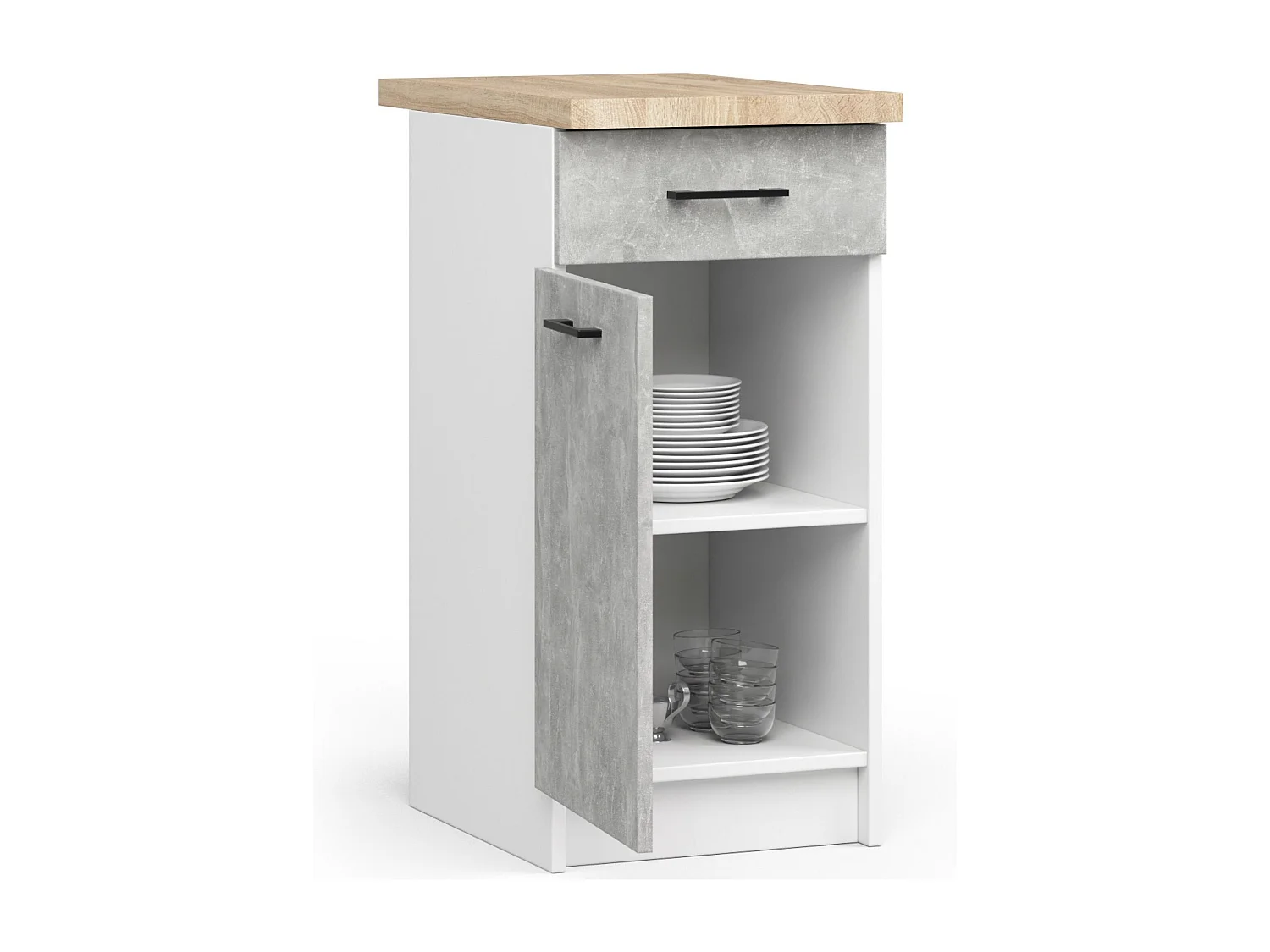 Armoires de cuisine basse AKORD S40 OLIWIA Blanc 40 cm 1 porte 1 tiroir façade Béton 2 étagères 40x46x85 cm
