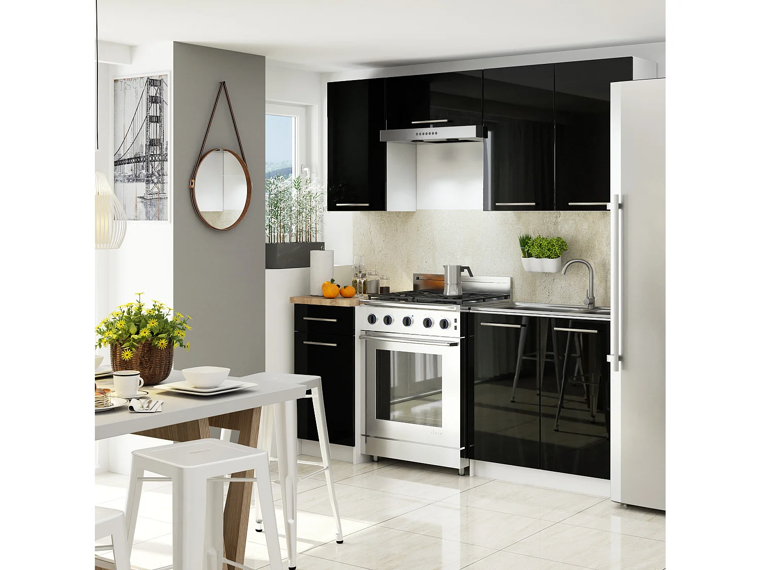 Meuble de cuisine haut AKORD W30 OLIWIA modulable Blanc 30 cm 1 porte façade Noir Brillant 2 étagères 30x30x72 cm