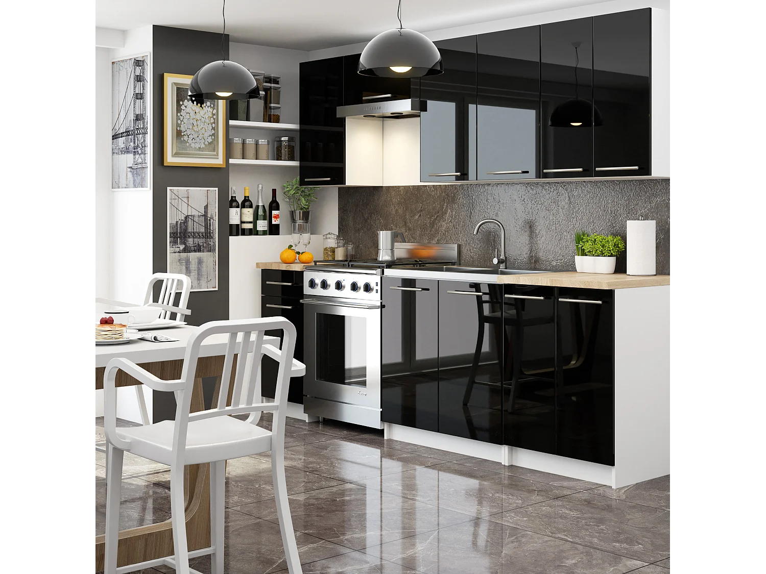 Meuble de cuisine haut AKORD W30 OLIWIA modulable Blanc 30 cm 1 porte façade Noir Brillant 2 étagères 30x30x72 cm
