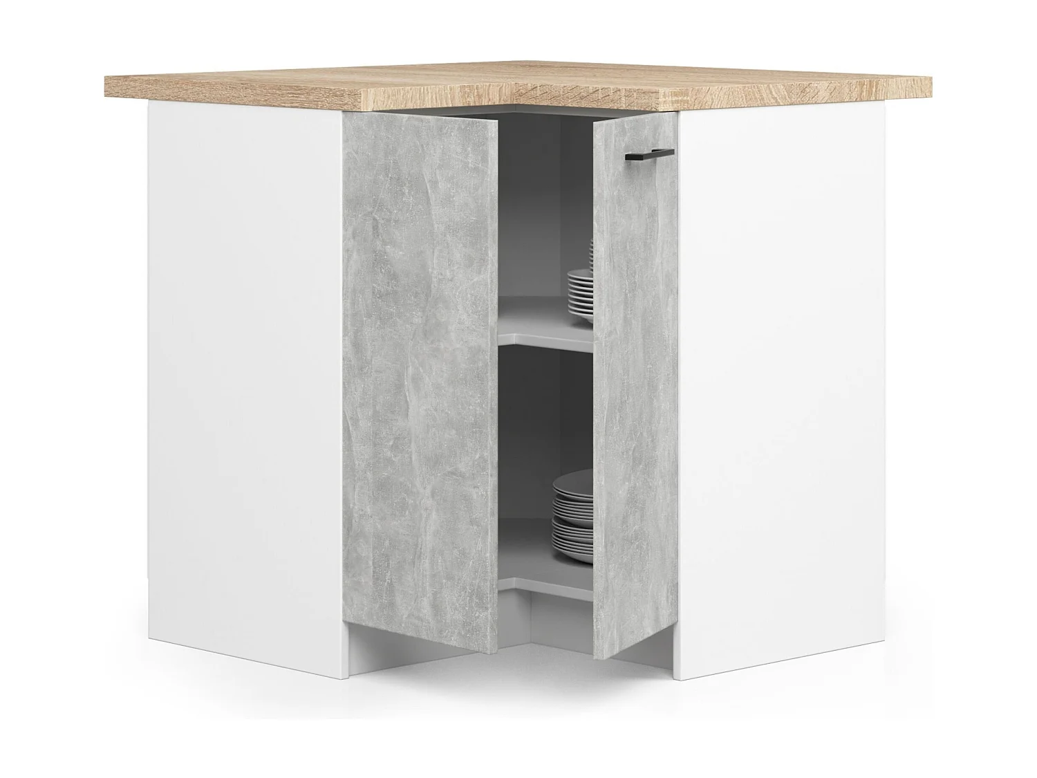 Armoires de cuisine basse AKORD S90 d'angle OLIWIA Blanc 90 cm 2 portes façade Béton 2 étagères 90x46x85 cm