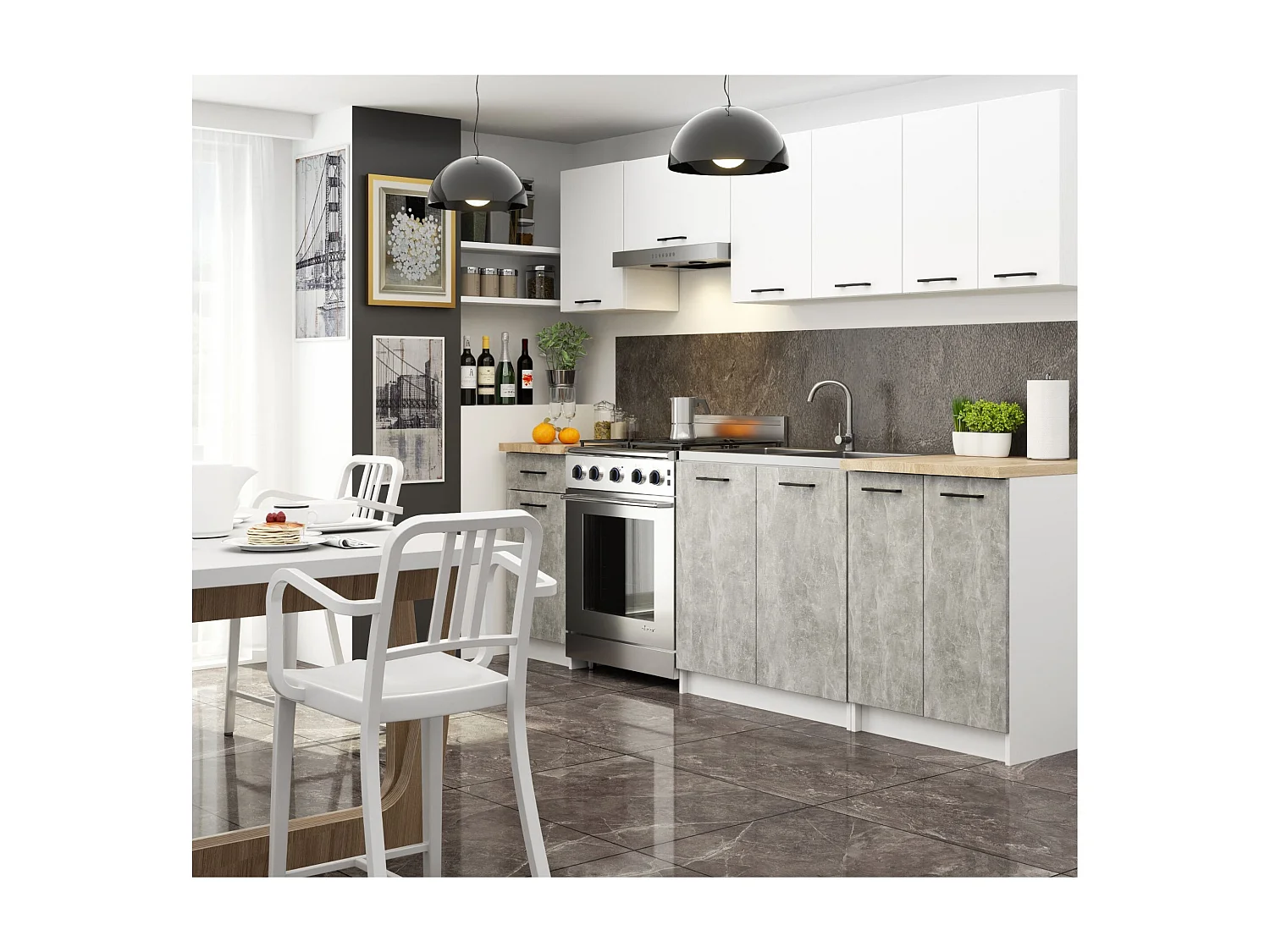 Armoires de cuisine basse AKORD S90 d'angle OLIWIA Blanc 90 cm 2 portes façade Béton 2 étagères 90x46x85 cm