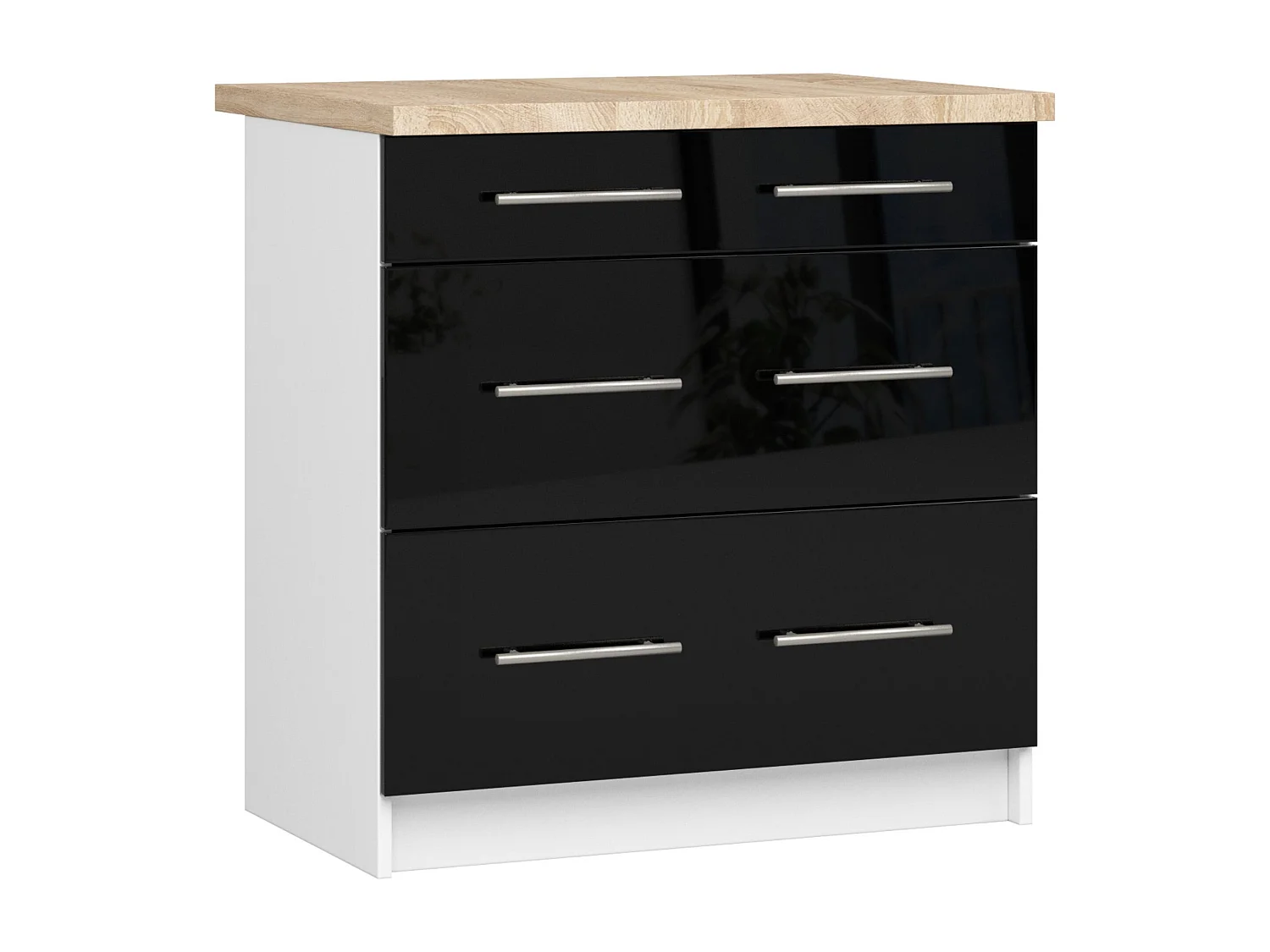 Meuble de cuisine bas AKORD S80 OLIWIA modulable Blanc 80 cm 3 tiroirs façade Noir Brillant 80x46x85 cm