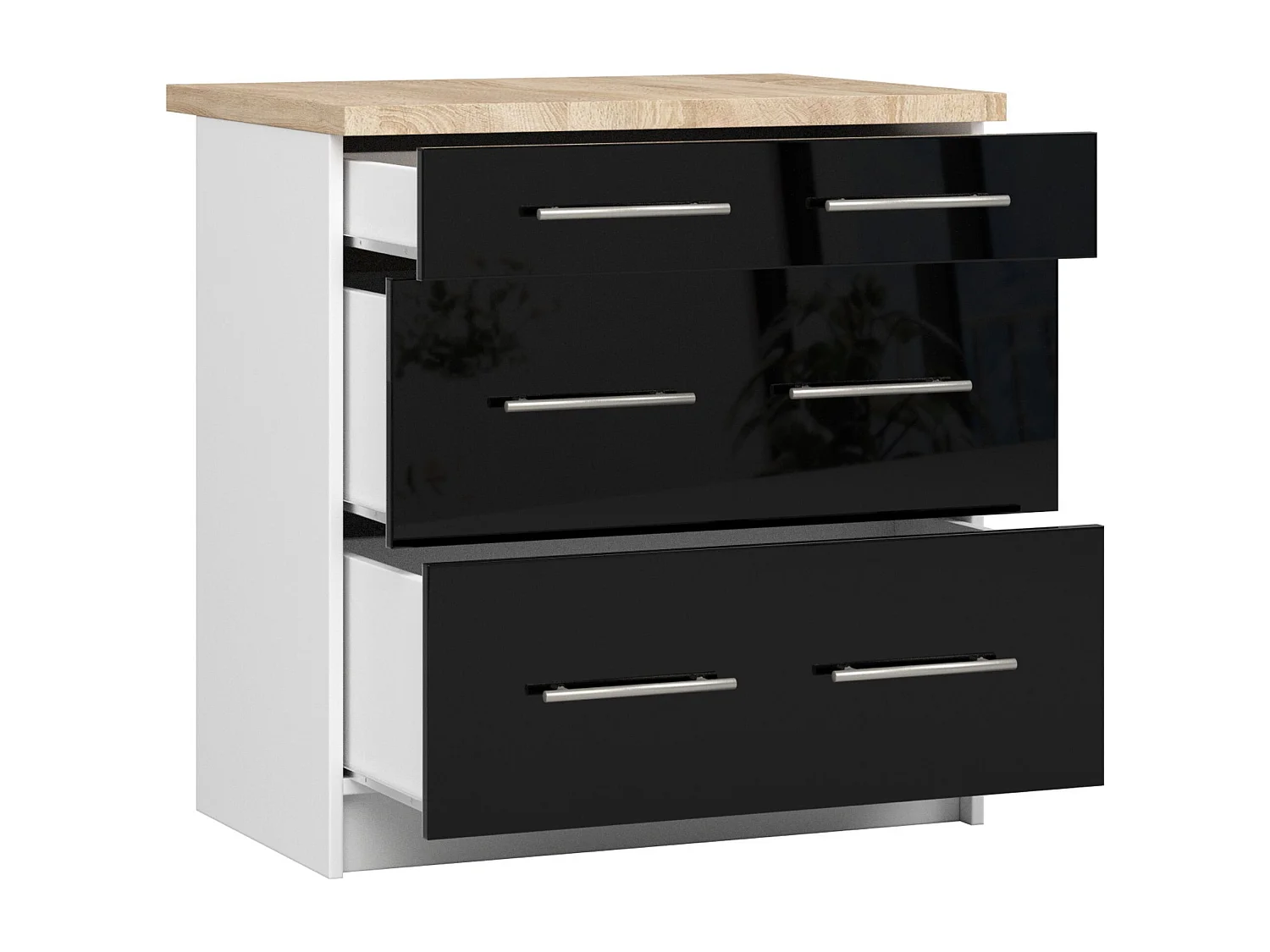 Meuble de cuisine bas AKORD S80 OLIWIA modulable Blanc 80 cm 3 tiroirs façade Noir Brillant 80x46x85 cm