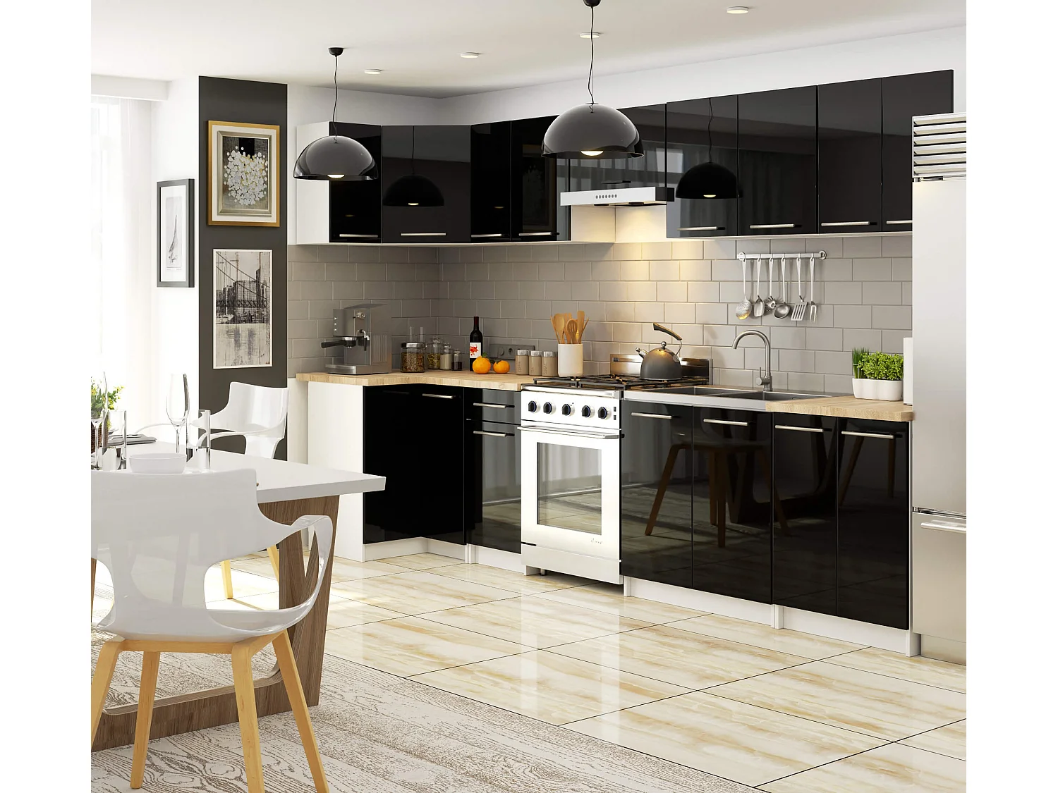 Meuble de cuisine bas AKORD S80 OLIWIA modulable Blanc 80 cm 3 tiroirs façade Noir Brillant 80x46x85 cm