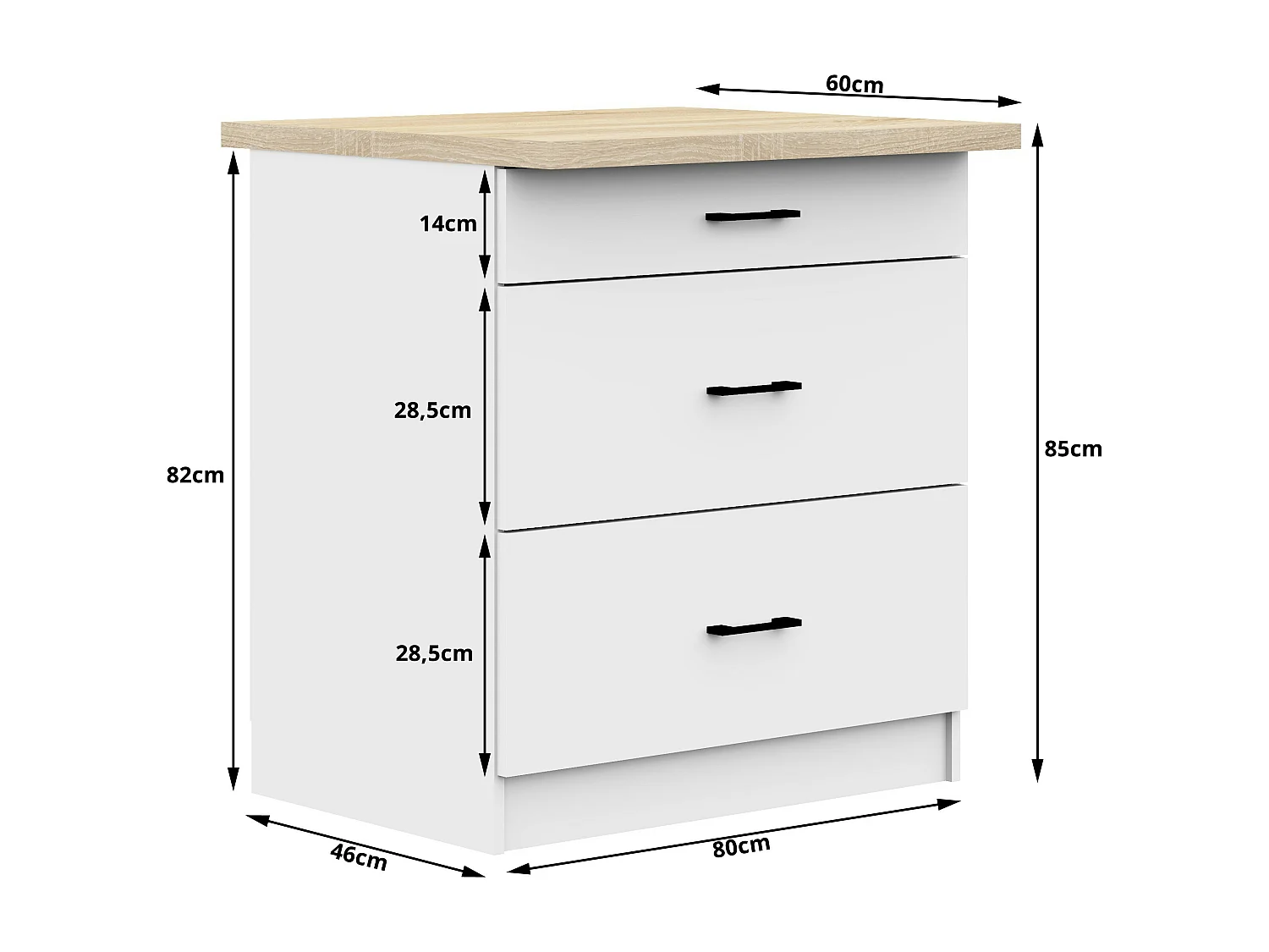 Oliwia Keukenkast S80 3 Lades Wit met Blad - 80x85x46cm Stijlvolle Opbergoplossing