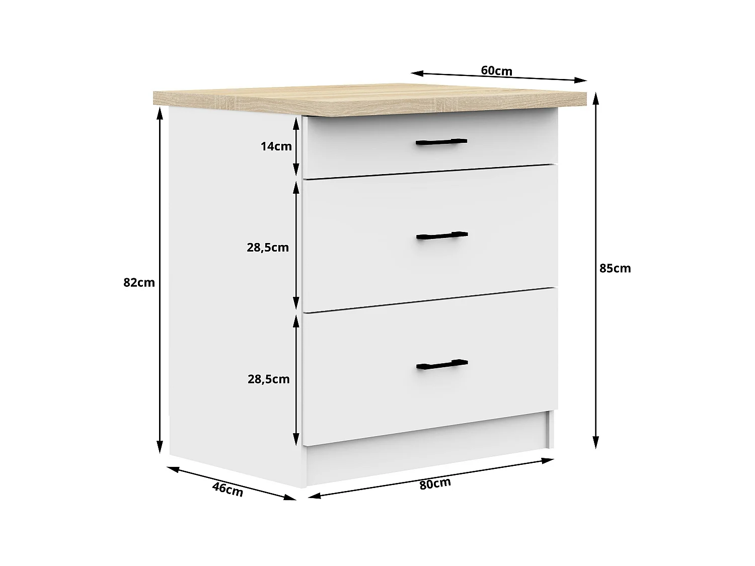 Küchenschrank AKORD OLIWIA modular S80 Unterschrank mit Arbeitsplatte Weiß 80 cm 3 Schubladen B80 x H85 x T46 cm