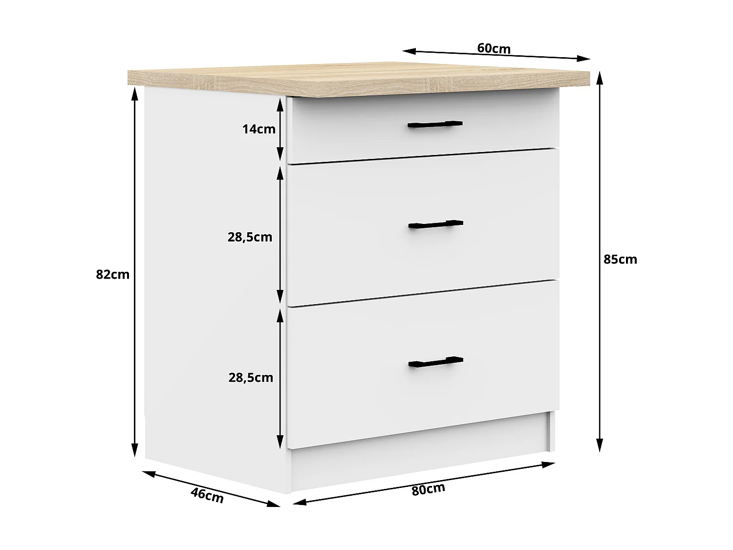 Armoires de cuisine basse AKORD S80 OLIWIA Blanc 80 cm 3 tiroirs façade Blanche 80x46x85 cm