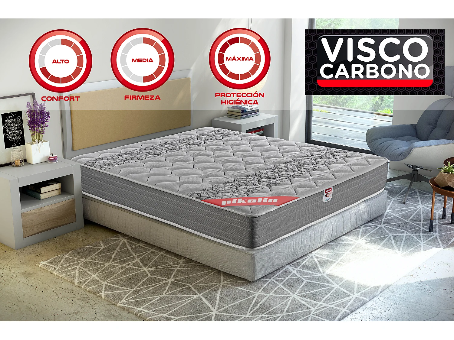 Colchón visco carbono, firmeza media, calidad alta, 24cm, 135x190