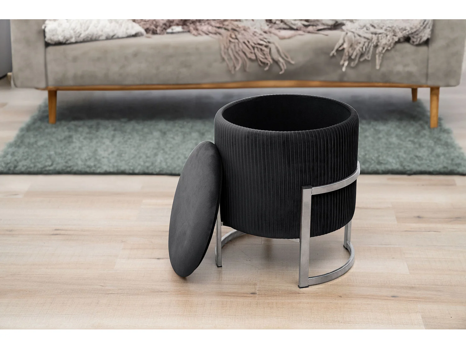 Pouf de Rangement avec Couvercle AKORD PORTO velour colour Noir hauteur 46 cm