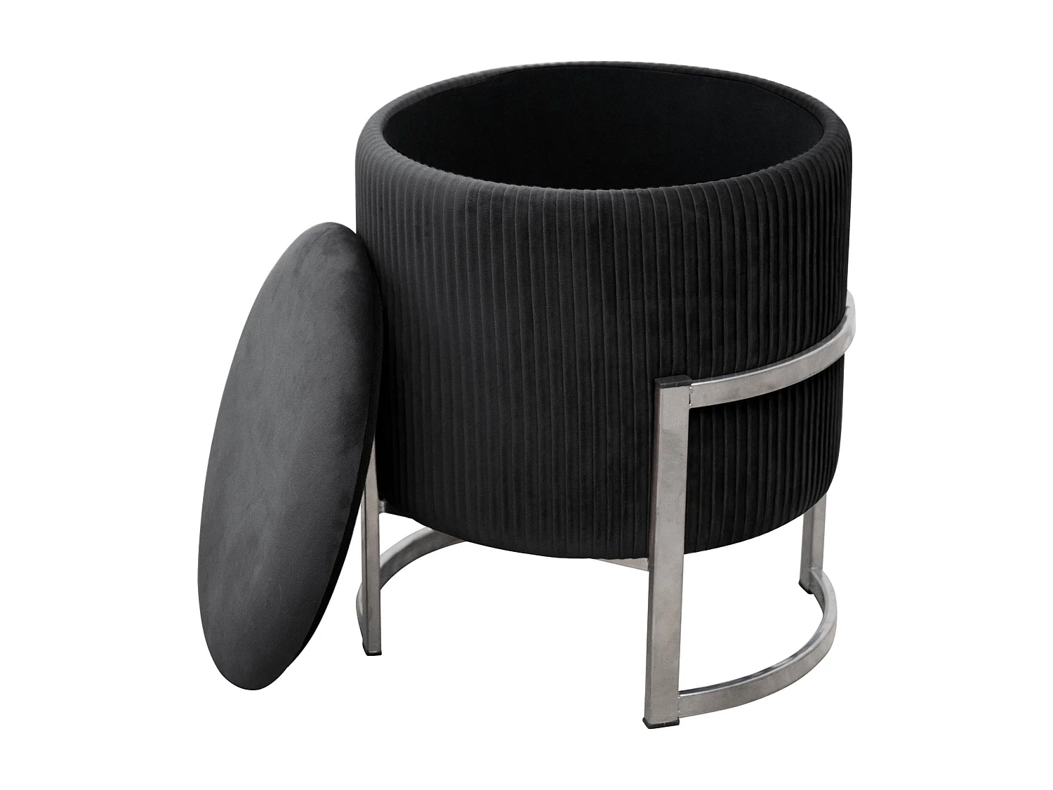 Porto Zwarte Fluwelen Opbergpoef, Ronde Stalen Basis